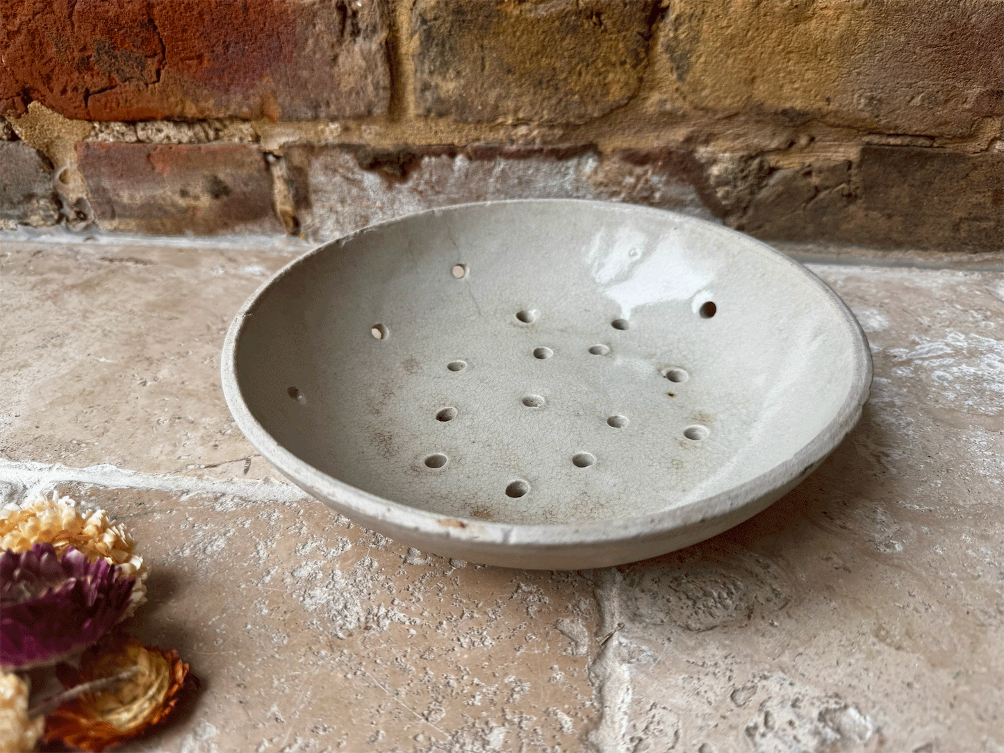 antique french stoneware rustic berry bowl pierced strainer drainer