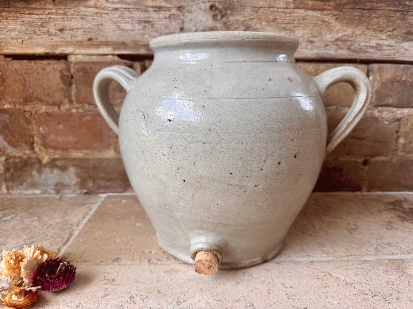 rustic antique french country large stoneware confit oil wine preserve pot jar twin handles