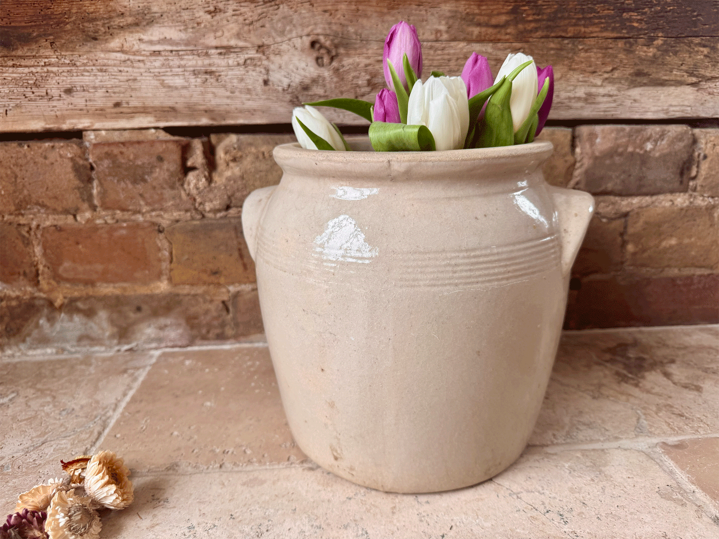 antique french large country stoneware glazed confit pot
