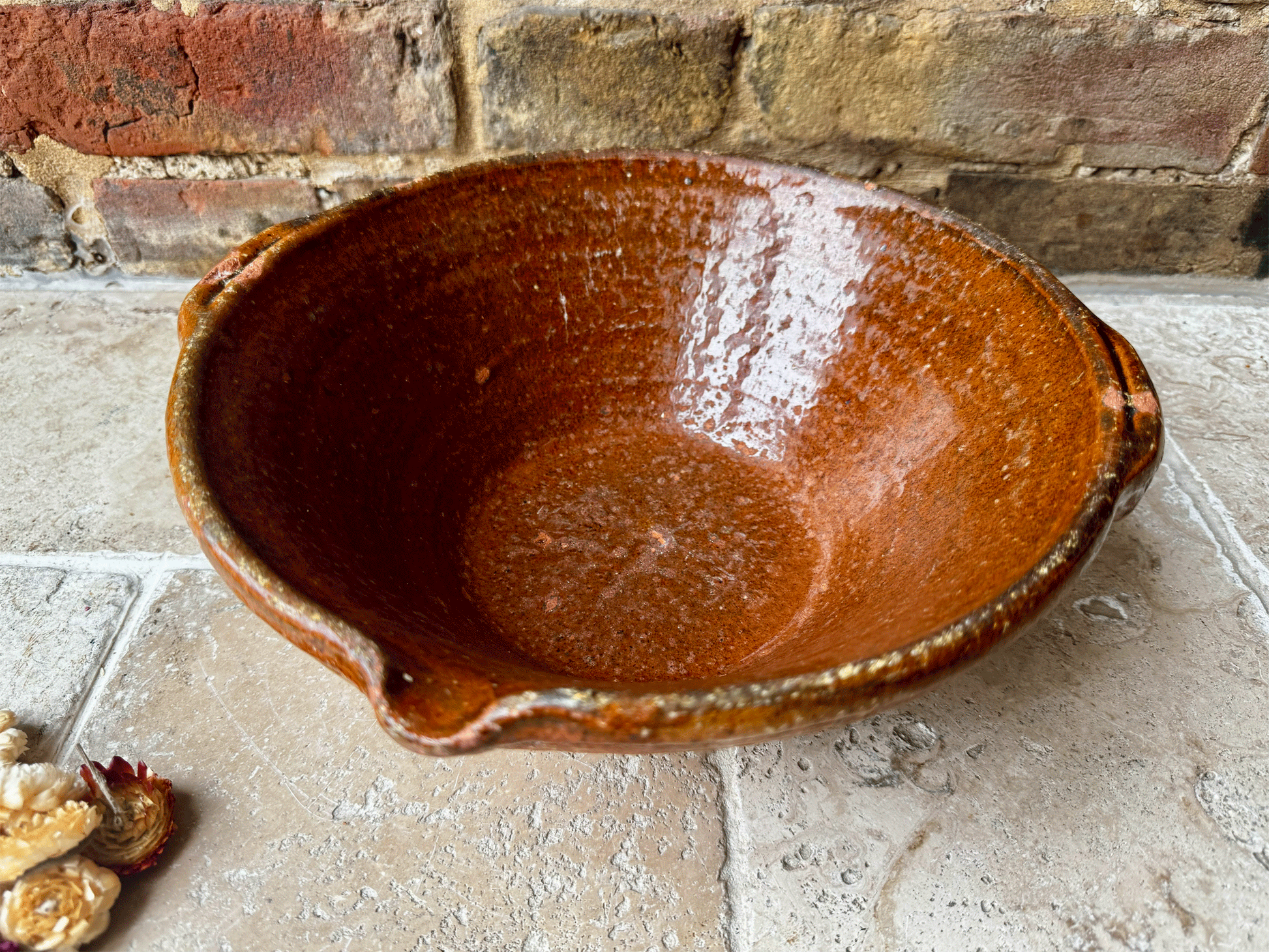 antique french rustic dairy pan mixing bowl pancheon stoneware terracotta bowl