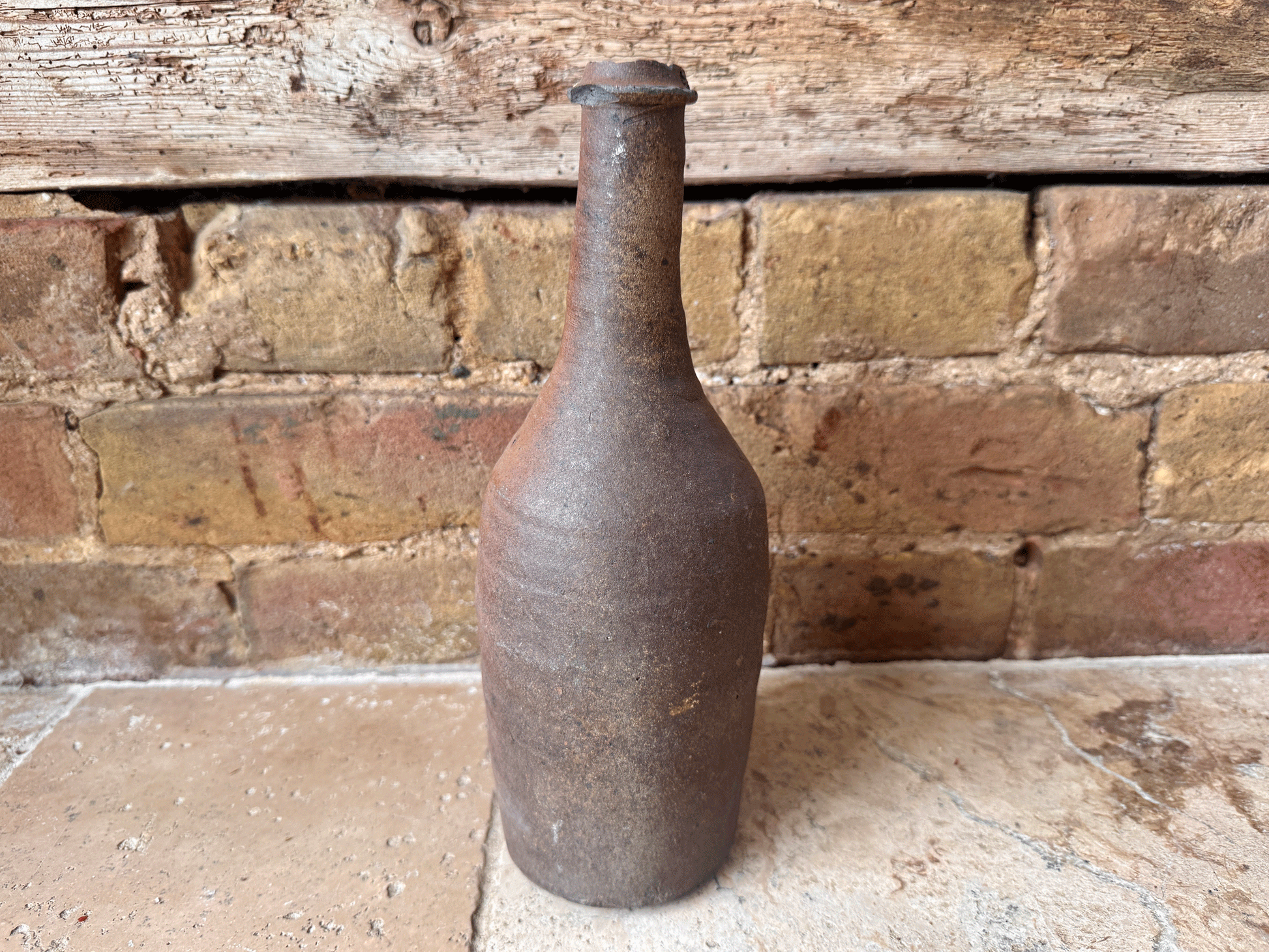 antique french neutral tall stoneware earthenware decorative bottle