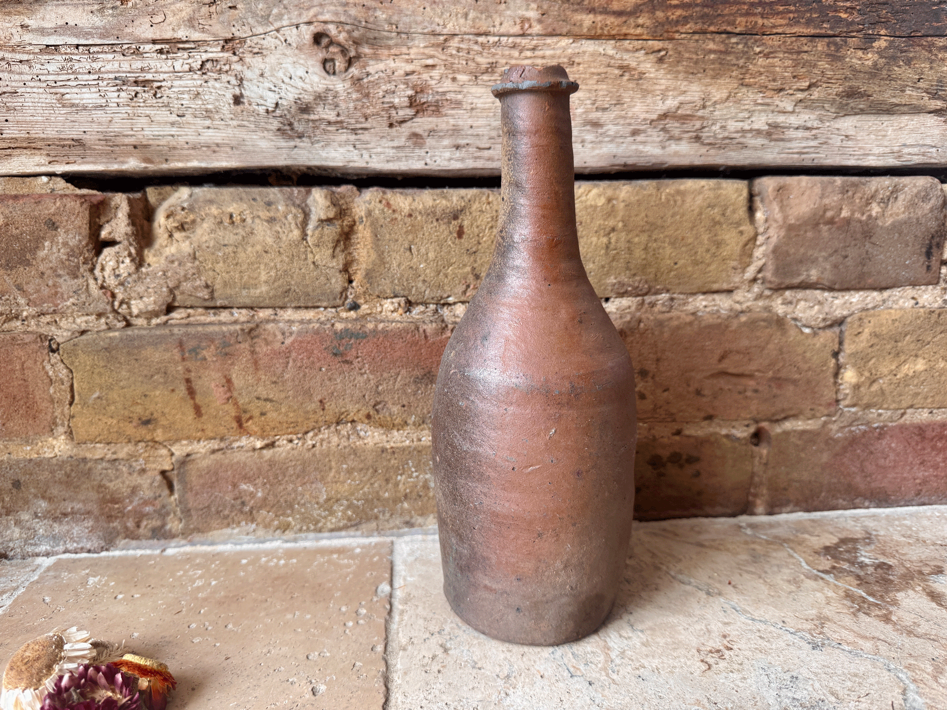 antique french neutral tall stoneware earthenware decorative bottle