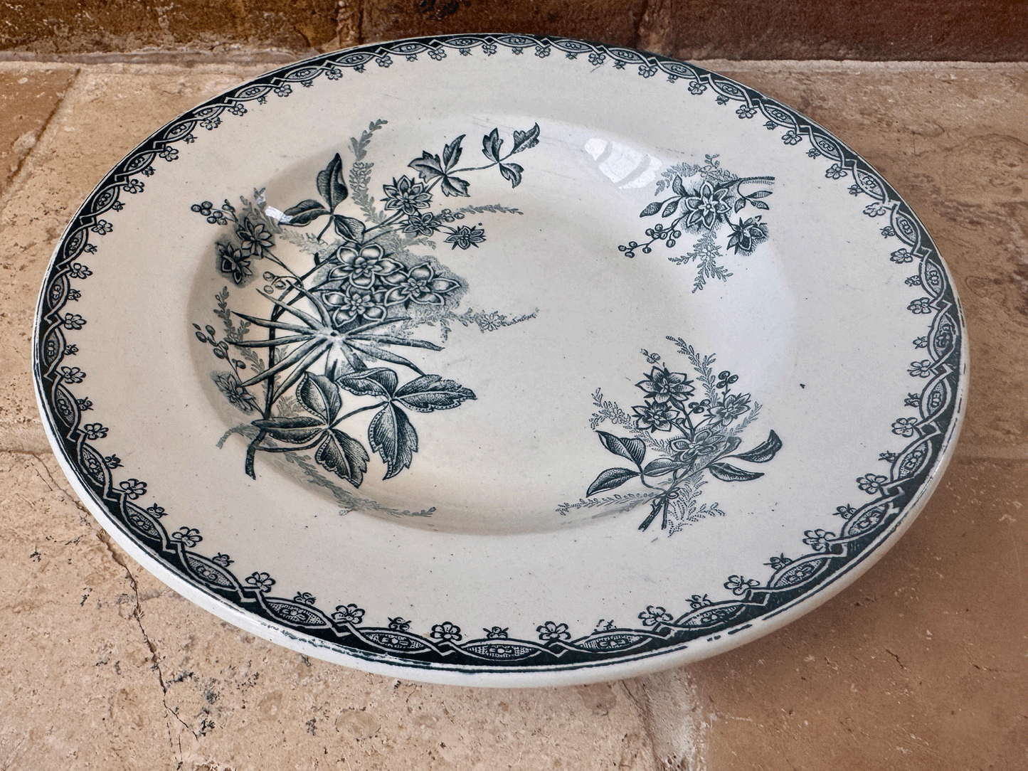 antique french teal blue green transferware soup bowl terre de fer ironstone st amandoise margot