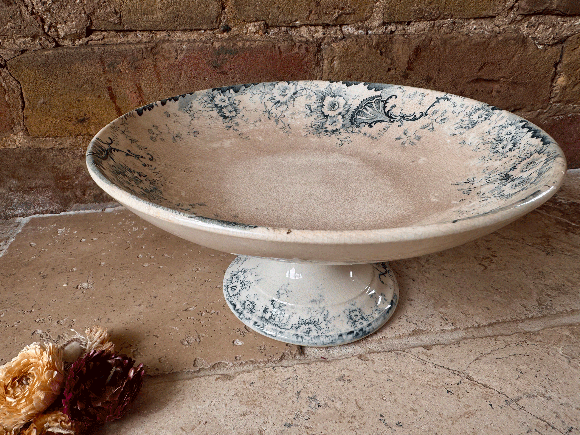 antique french teal transferware terre de fer ironstone compotier compote dish stand boulenger derby 19th century