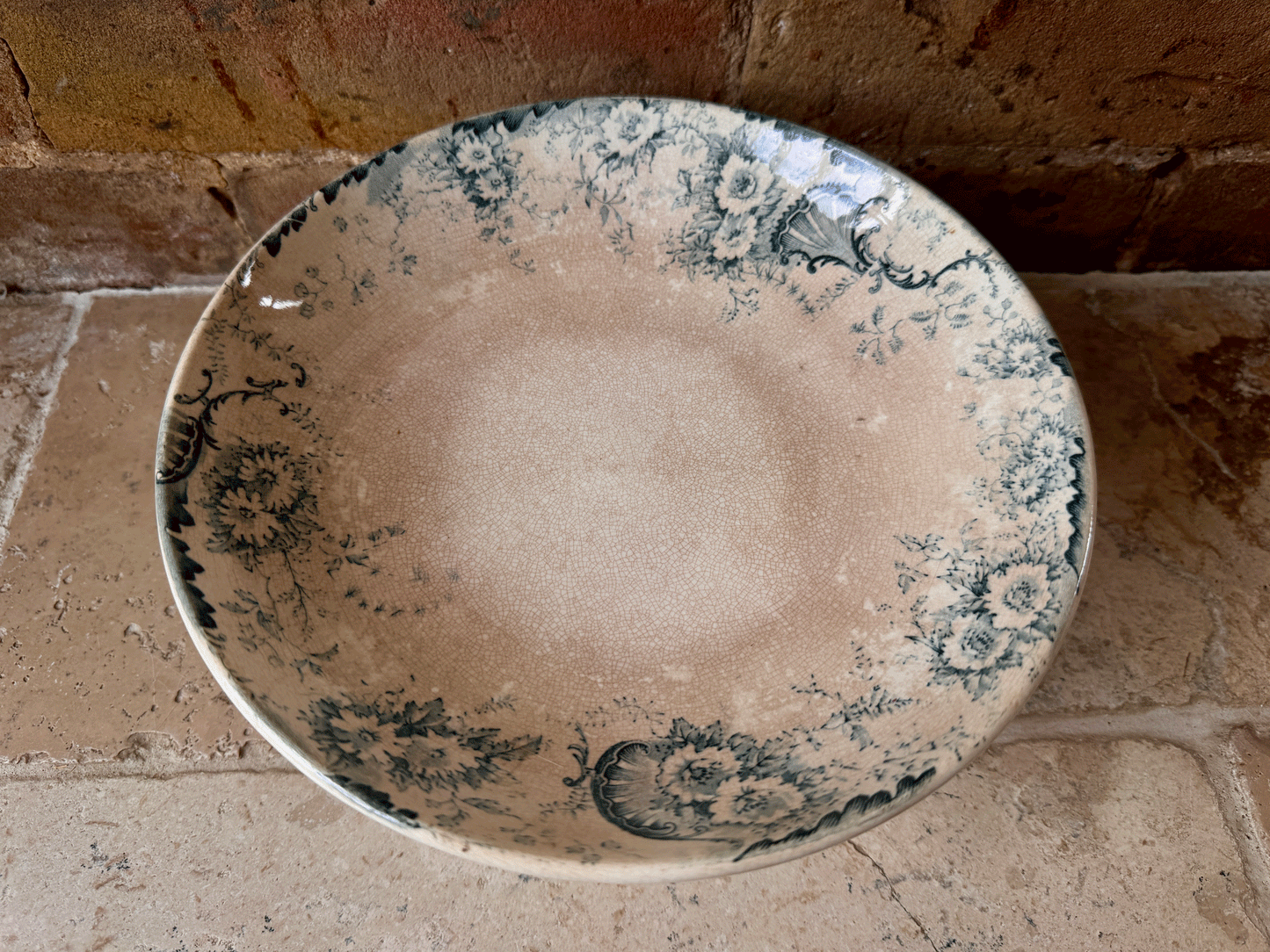 antique french teal transferware terre de fer ironstone compotier compote dish stand boulenger derby 19th century