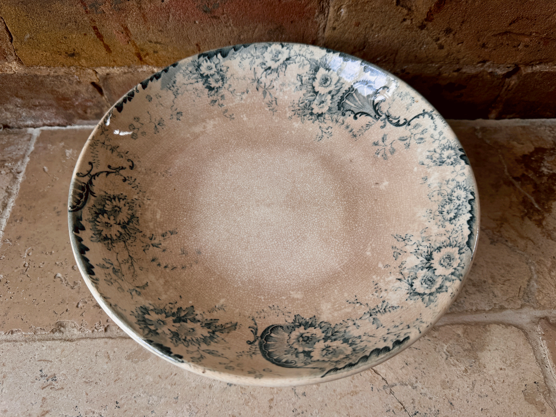 antique french teal transferware terre de fer ironstone compotier compote dish stand boulenger derby 19th century