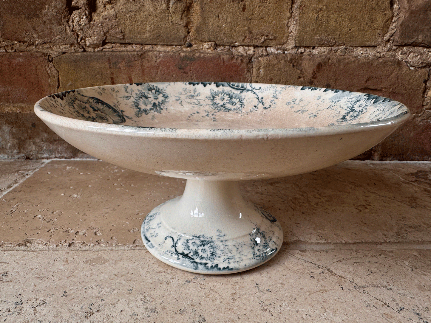 antique french teal transferware terre de fer ironstone compotier compote dish stand boulenger derby 19th century