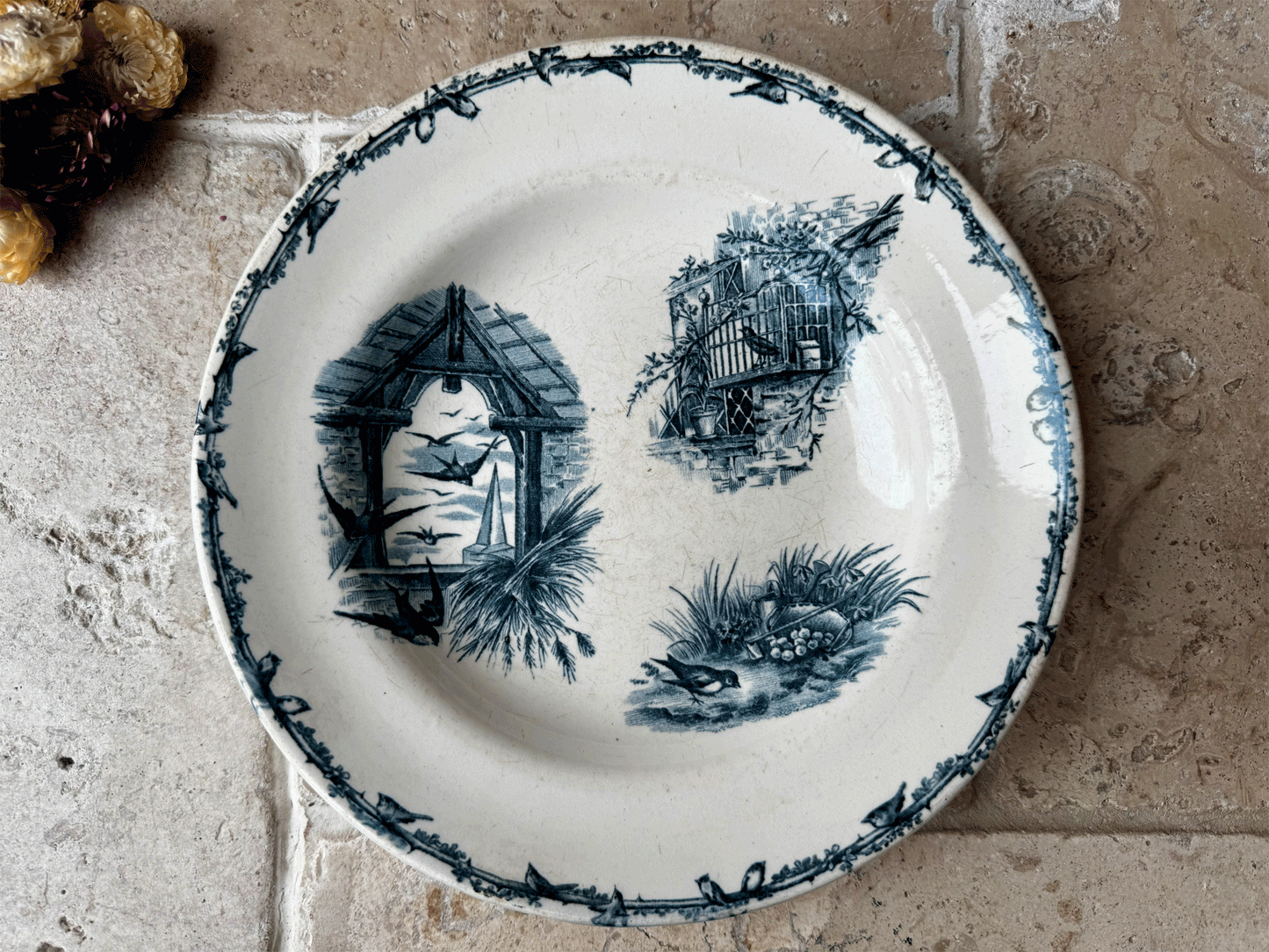 antique transferware paris terre de fer ironston bowl blue birds