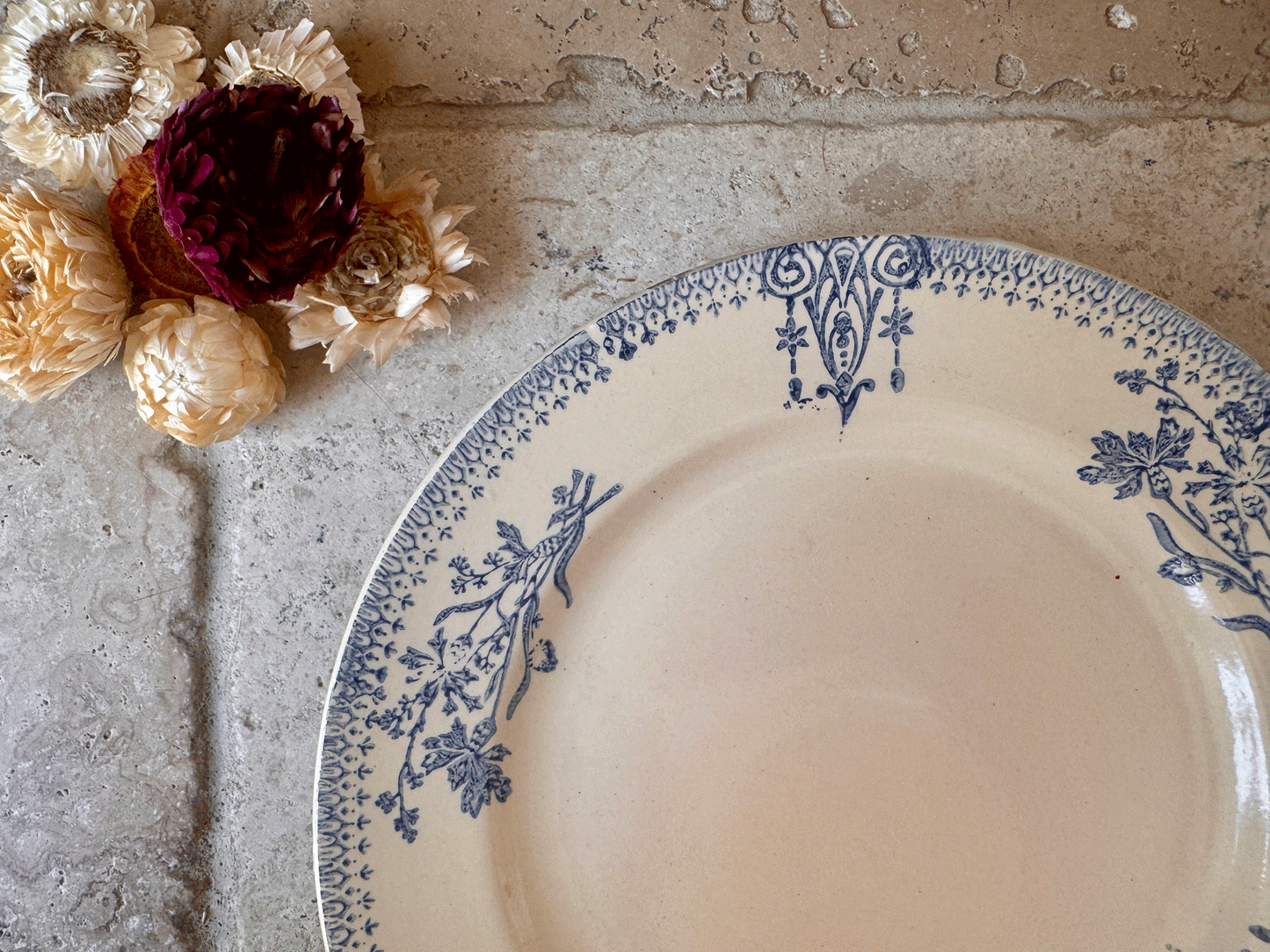 antique french st amand ironstone terre de fer plate blue spongeware