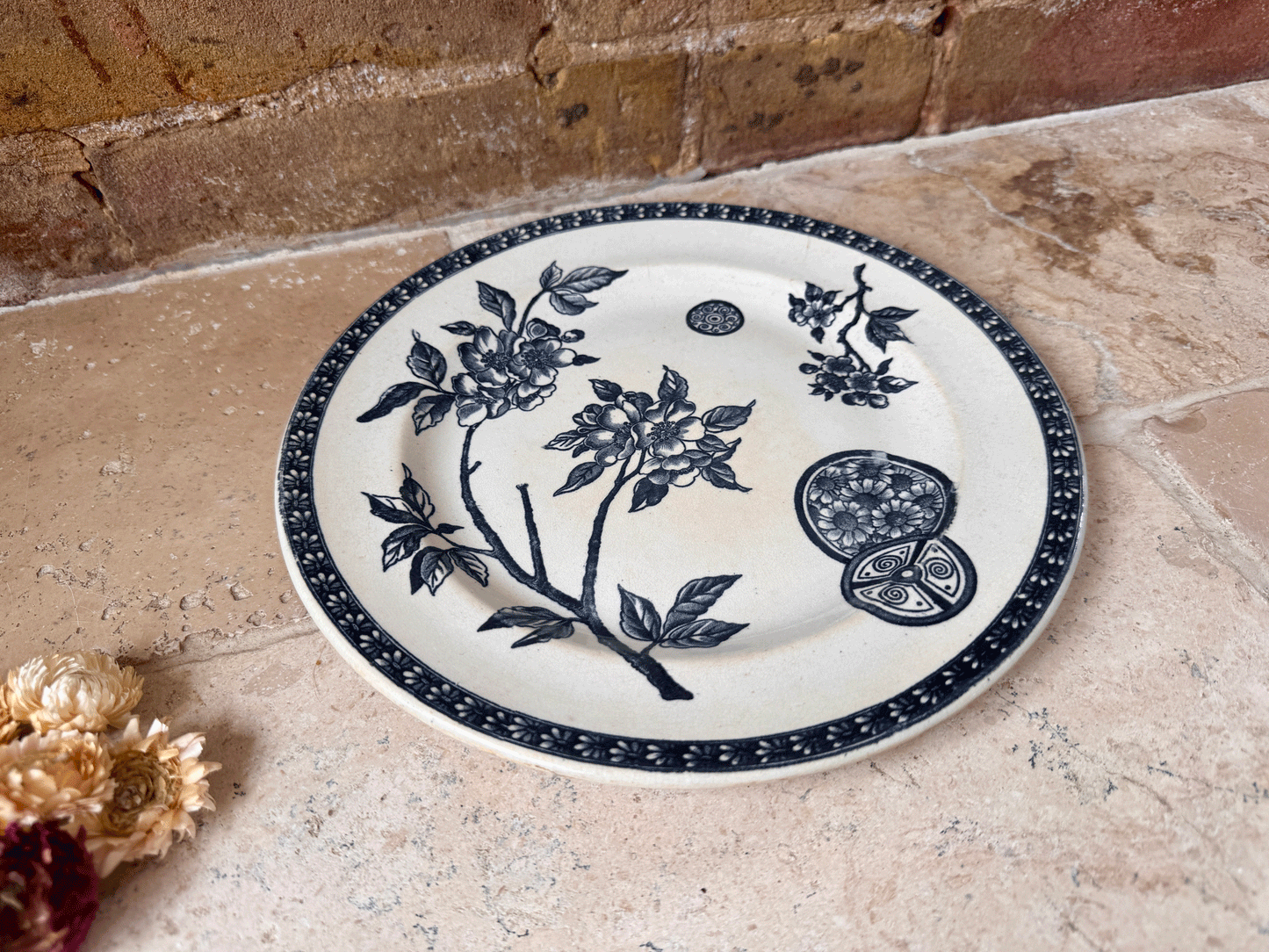 antique french dark blue transferware ironstone terre de fer pate grand depot marguerite