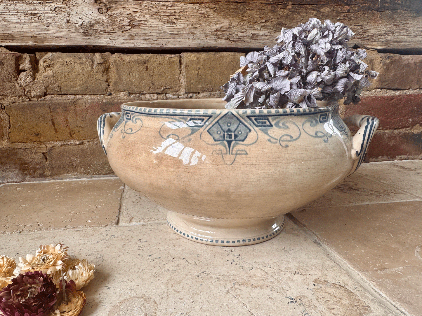 antique french extra large white ironstone terre de fer blue transferware sarreguemines germaine soupiere bowl tureen