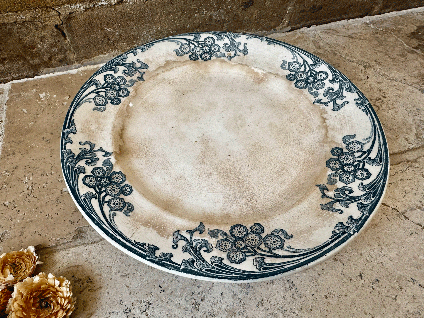 antique patinated ironstone terre de fer teal blue transferware compotier compote dish stand cake plate longwy les eglantines