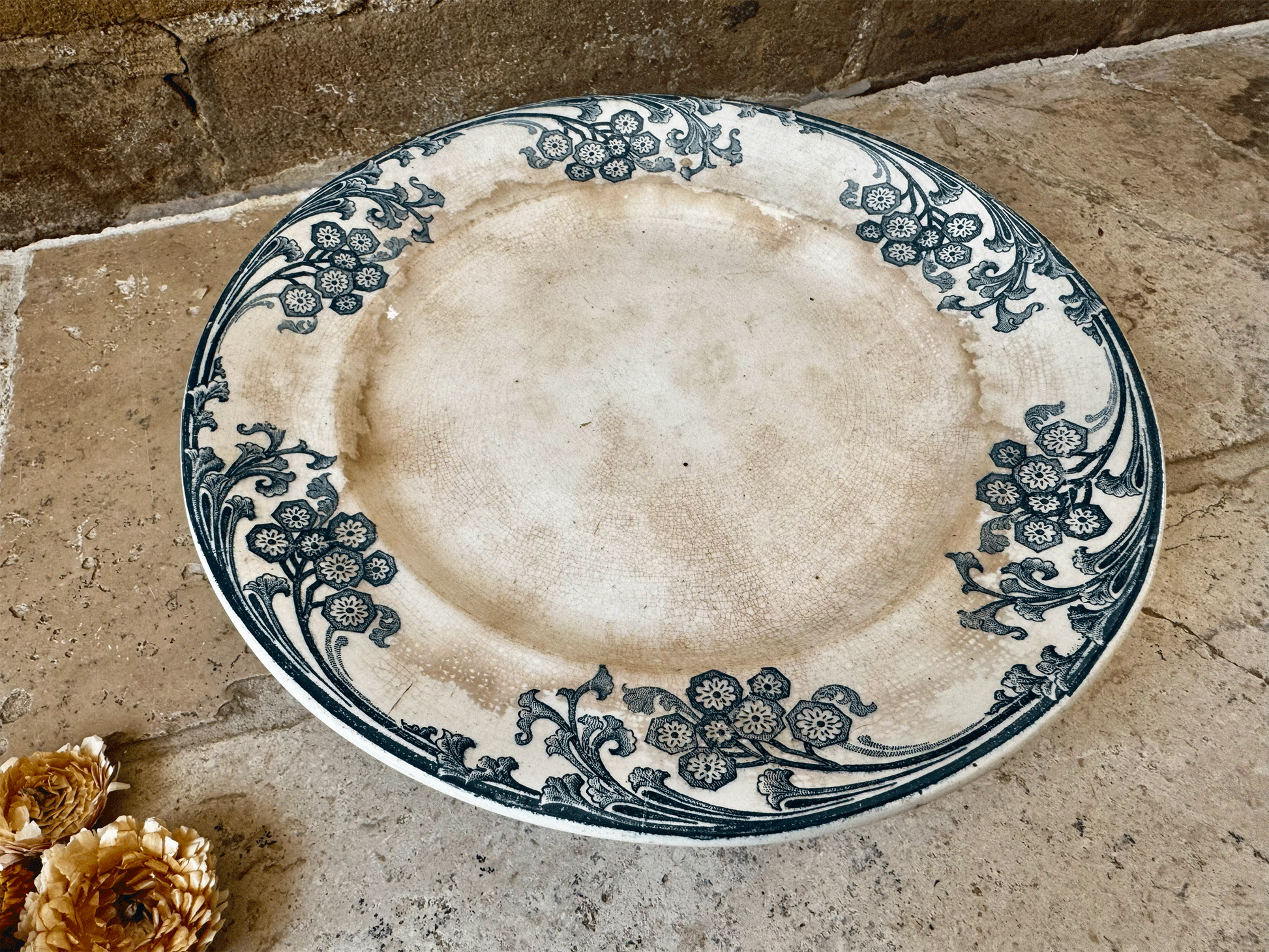 antique patinated ironstone terre de fer teal blue transferware compotier compote dish stand cake plate longwy les eglantines