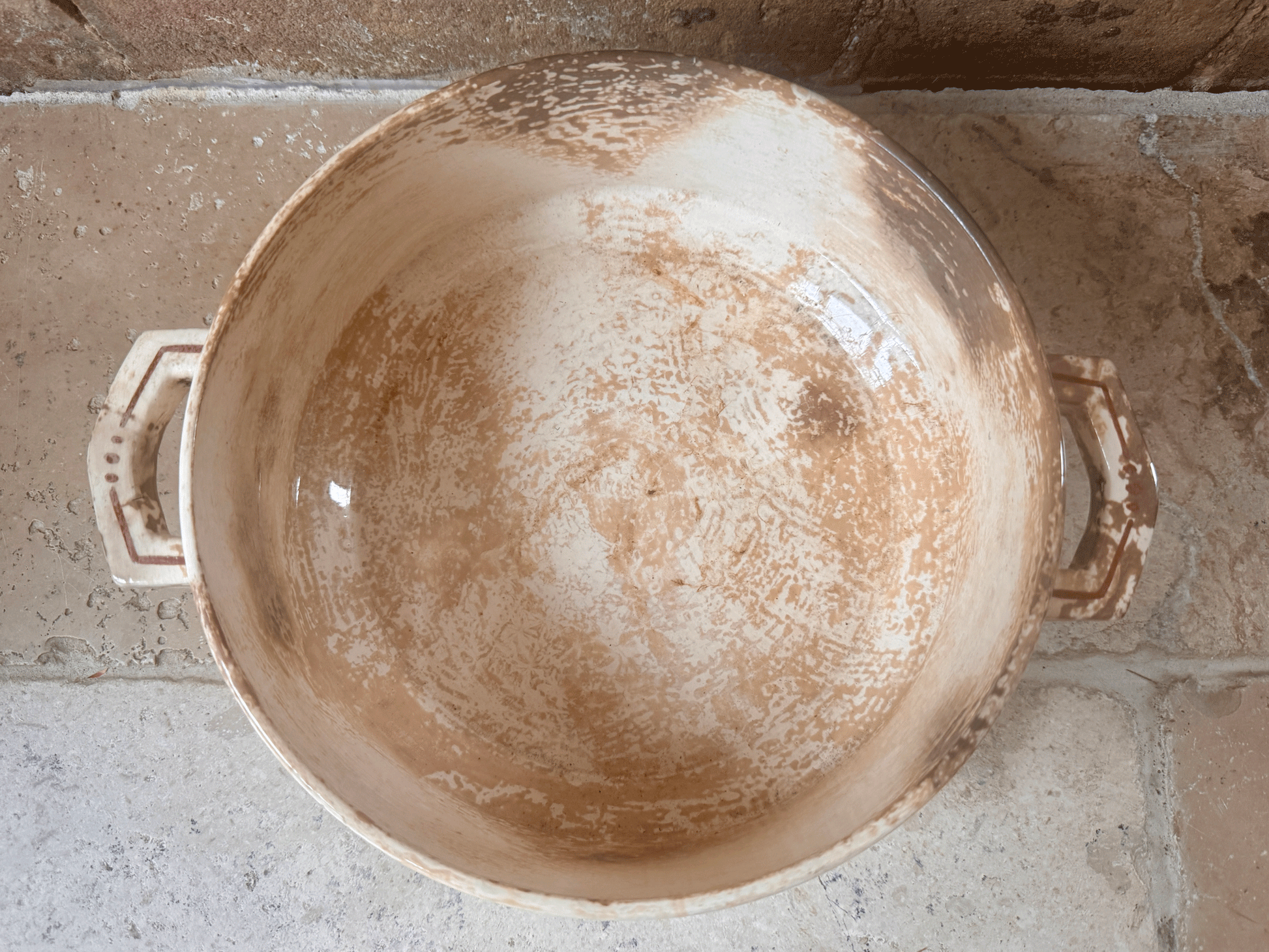 antique stained heavily patinated timeworn aged french terre de fer ironstone tureen soupiere longwy monaco