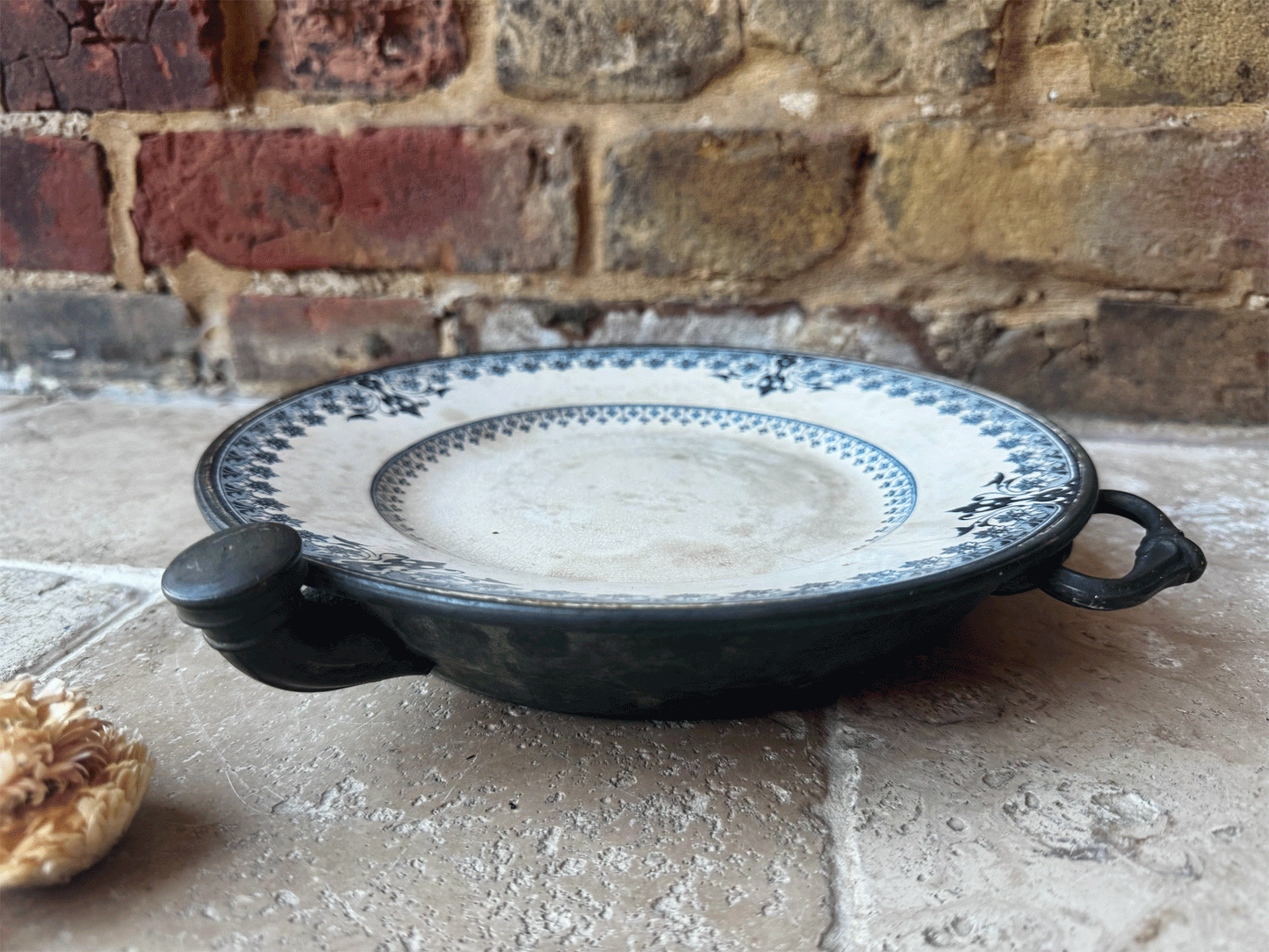 antique french rare blue transferware terre de fer ironstone warming plate platter pewter base