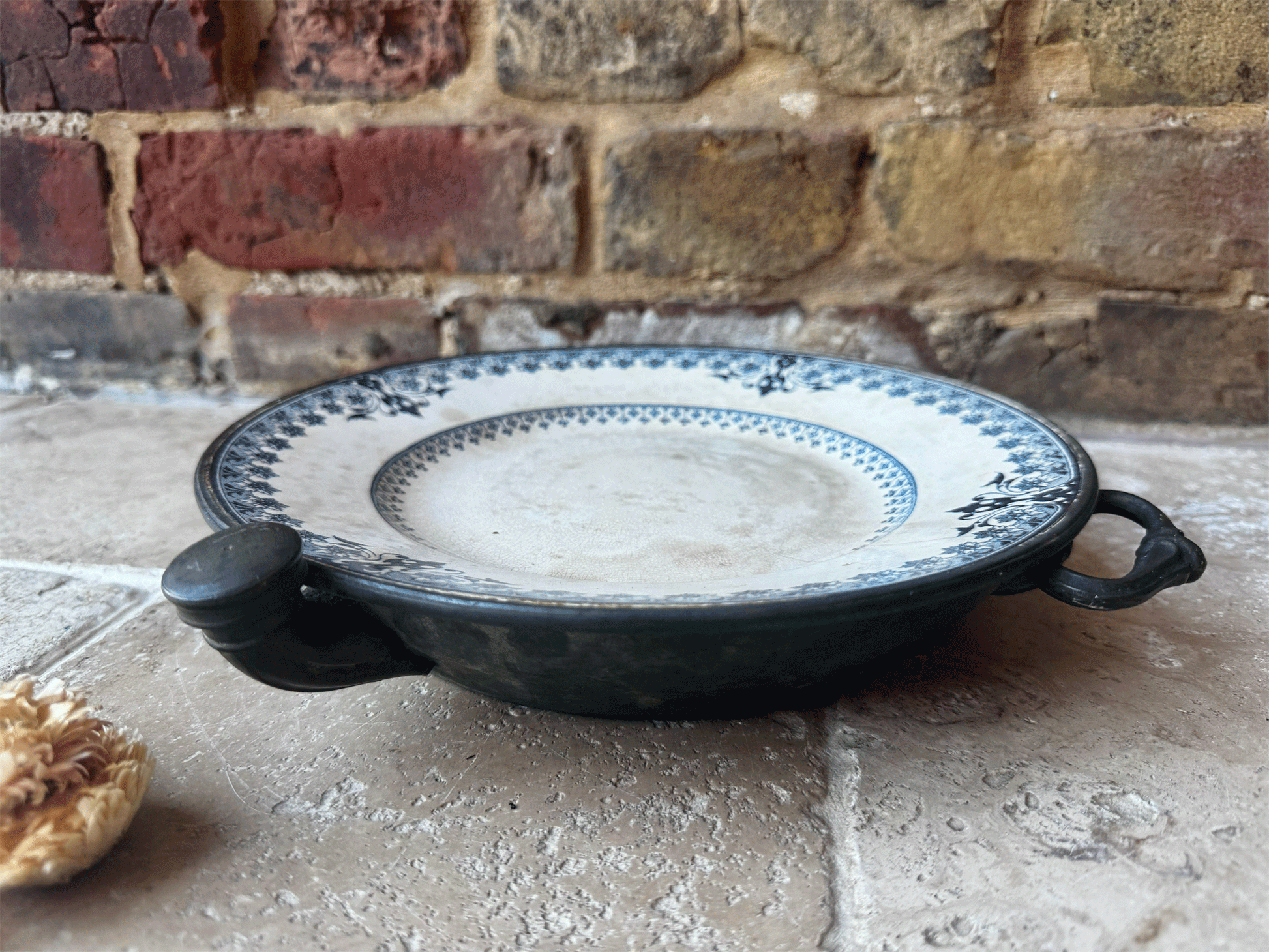 antique french rare blue transferware terre de fer ironstone warming plate platter pewter base