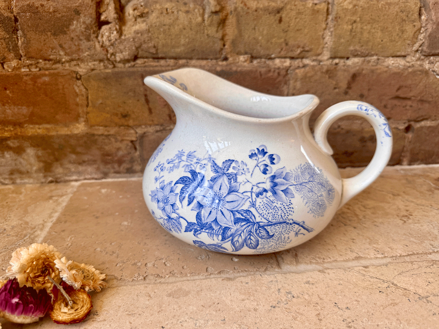 antique french blue transferware terre de fer ironstone pitcher water ewer jug floral decoration