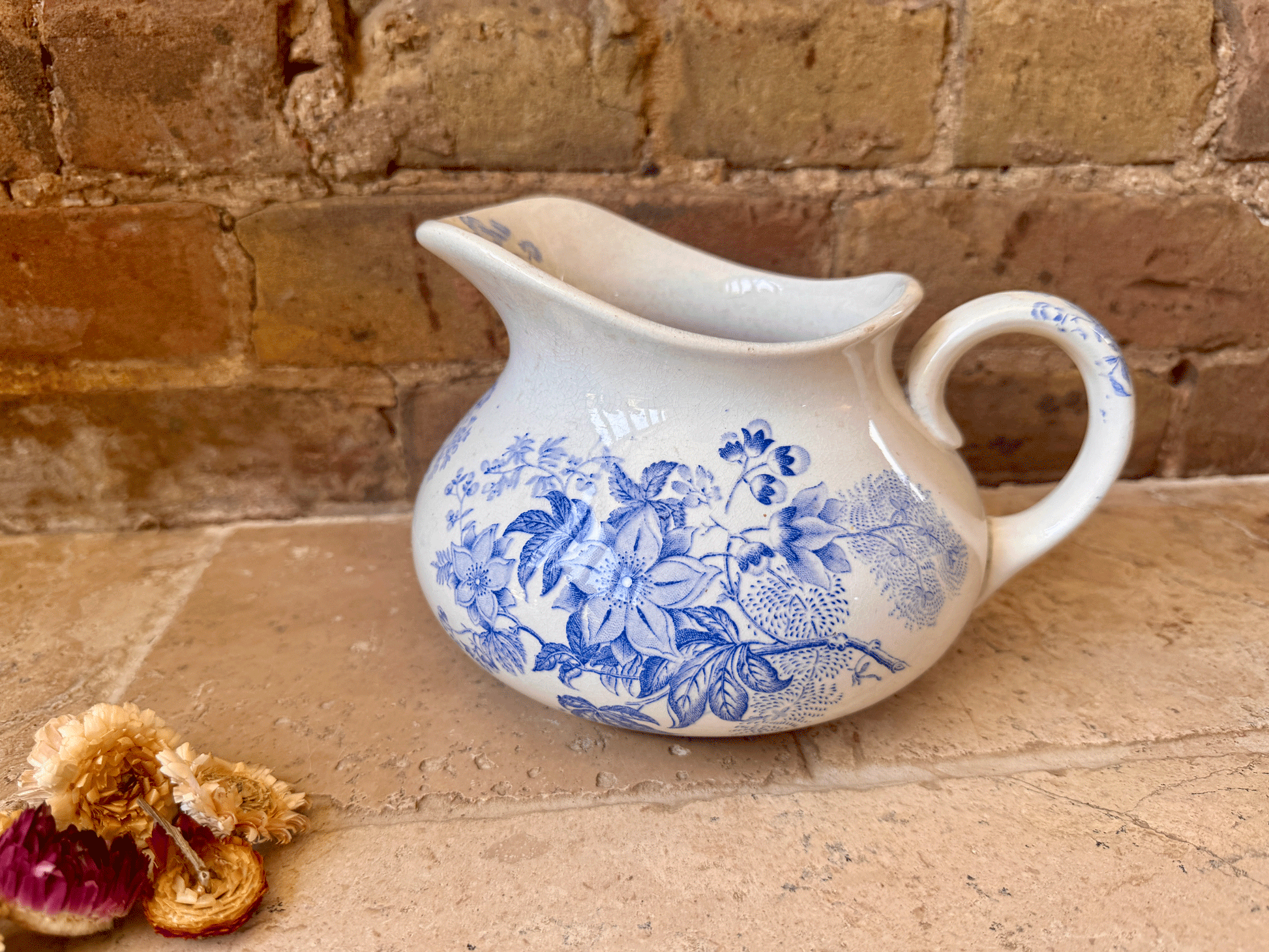 antique french blue transferware terre de fer ironstone pitcher water ewer jug floral decoration