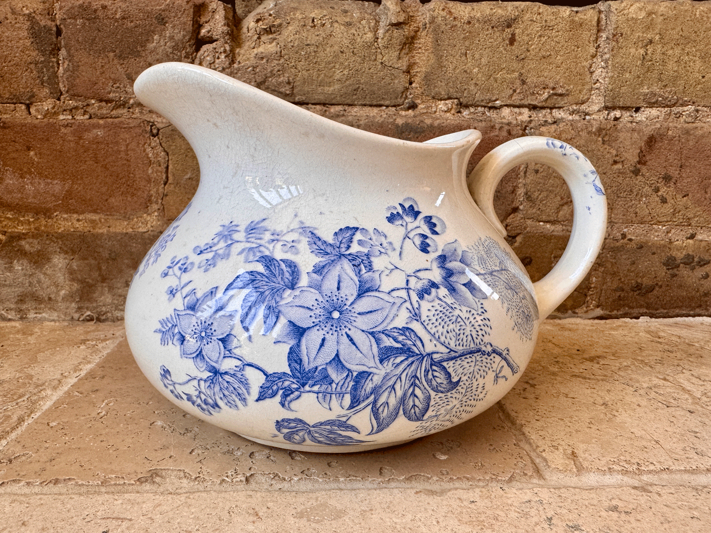 antique french blue transferware terre de fer ironstone pitcher water ewer jug floral decoration