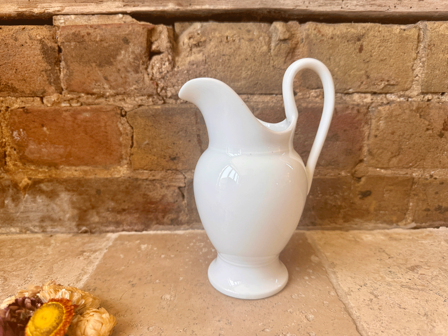 antique french porcelain tall high curved handle plain white pitcher jug vase
