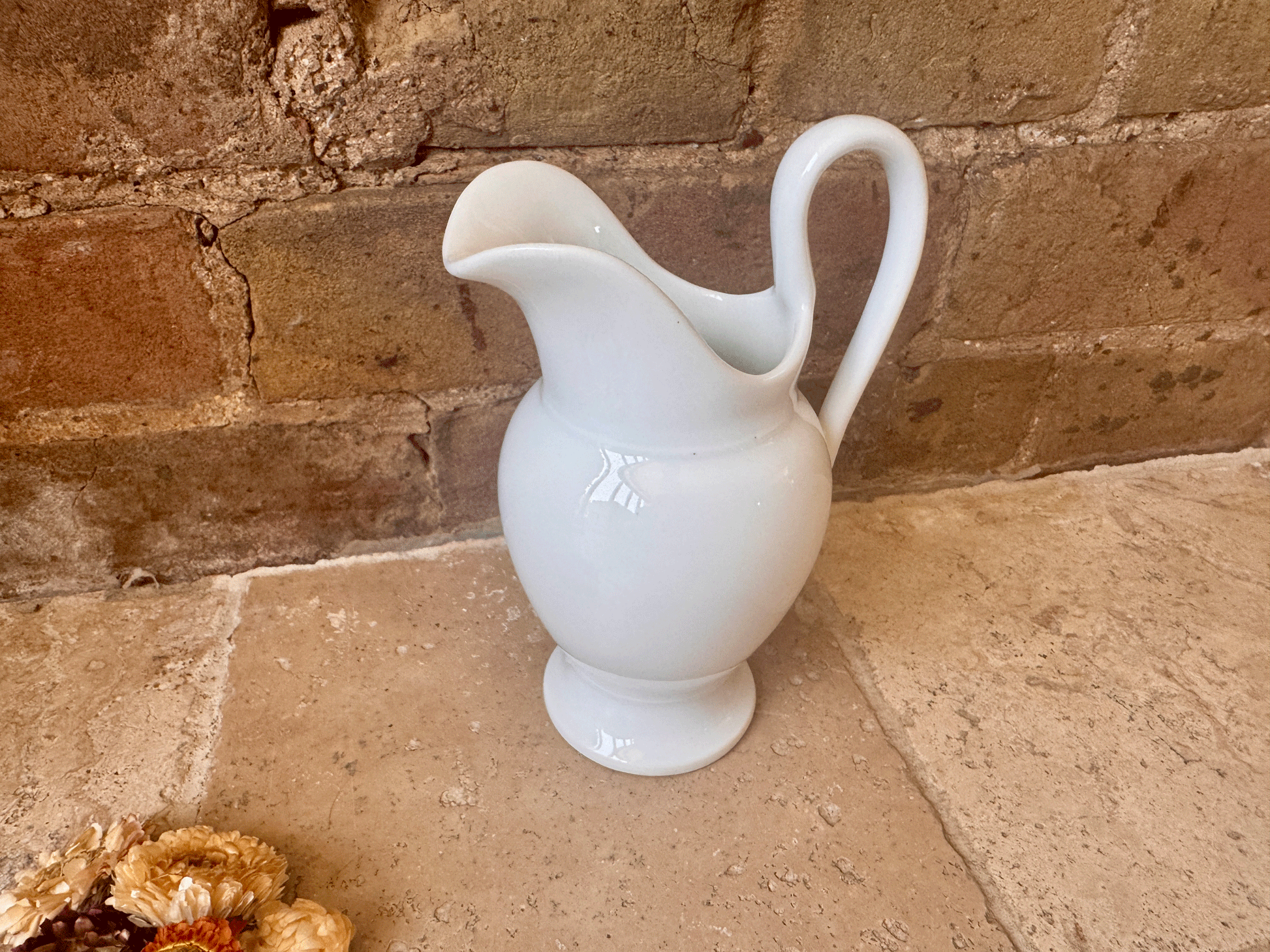 antique french porcelain tall high curved handle plain white pitcher jug vase