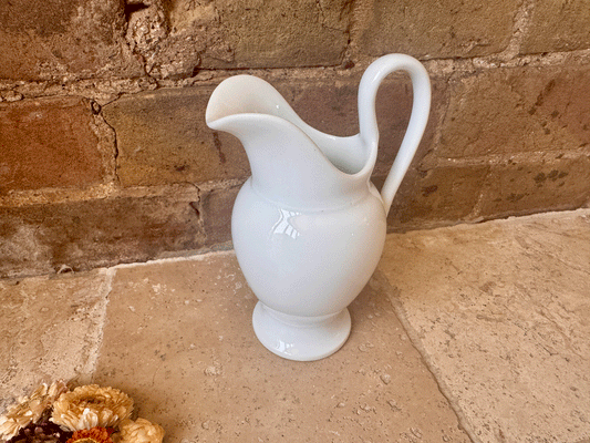 antique french porcelain tall high curved handle plain white pitcher jug vase