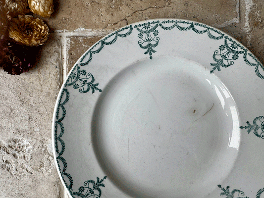antique french moulin des loups hamage terre de fer ironstone side plate green transferware garland border
