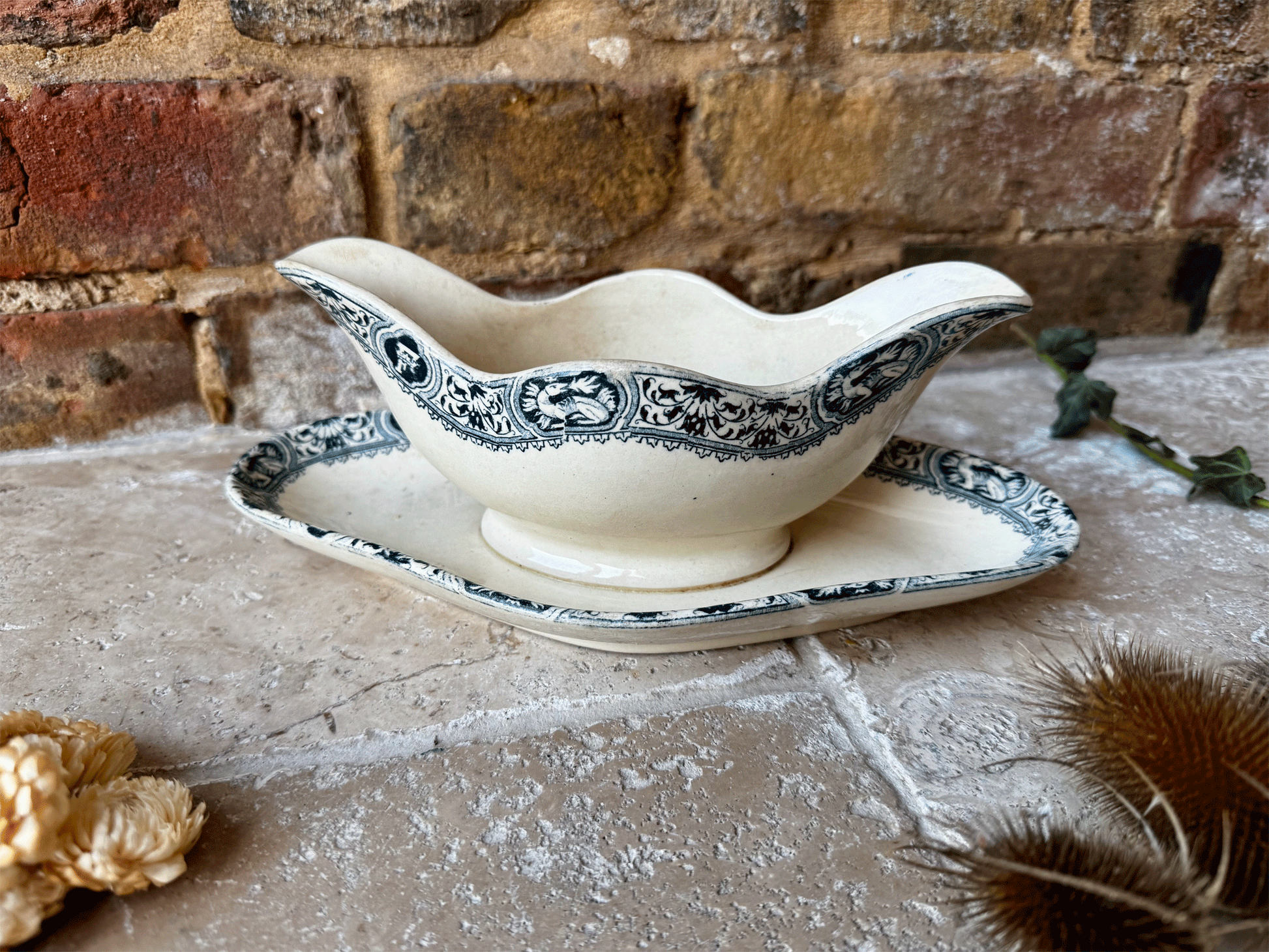 antique salins terre de fer ironstone gravy boat saucier sauce dish teal blue green transferware dragon