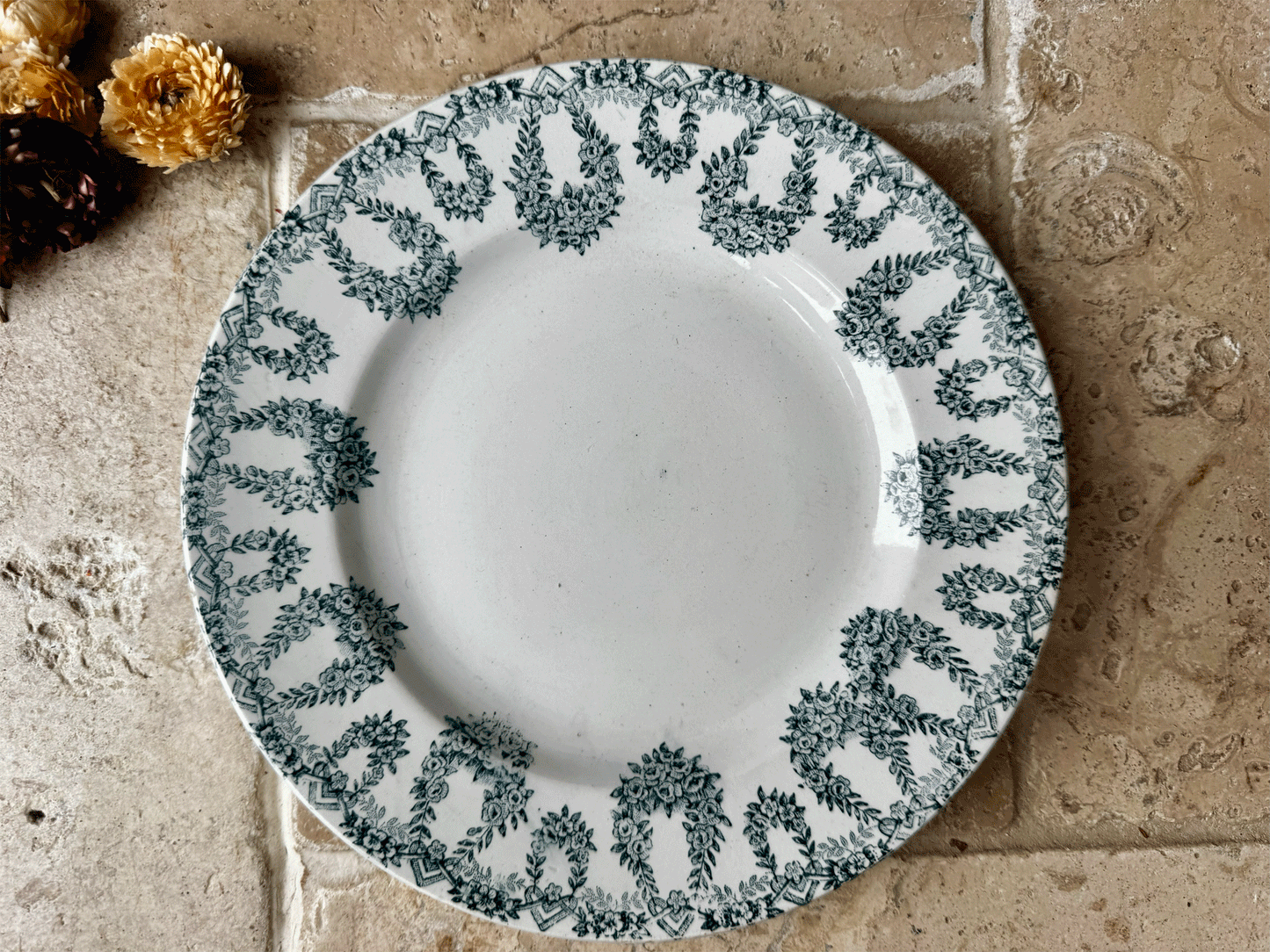 antique french terre de fer ironstone side plate lebacq bouchart green floral transferware garland border
