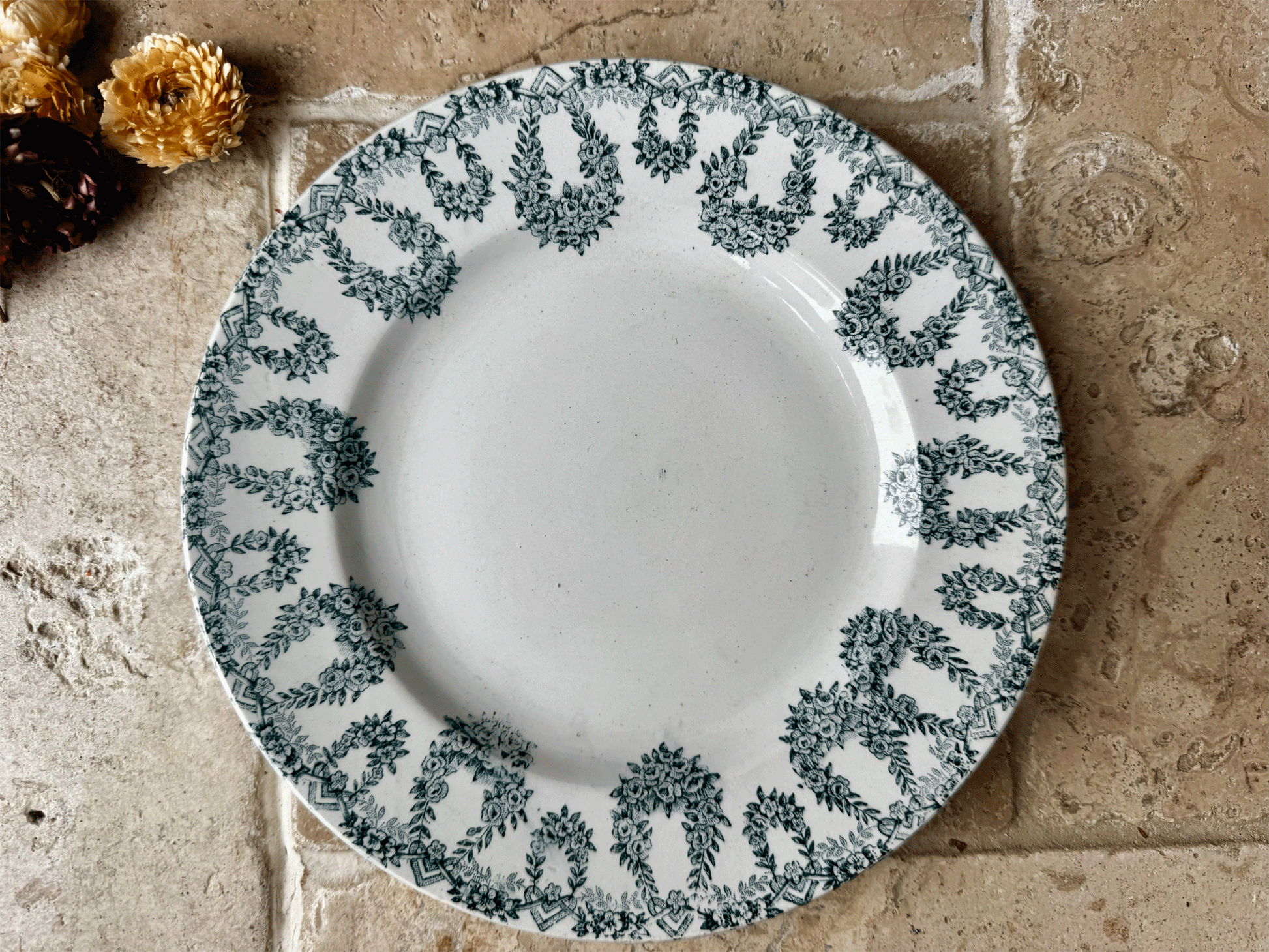 antique french terre de fer ironstone side plate lebacq bouchart green floral transferware garland border