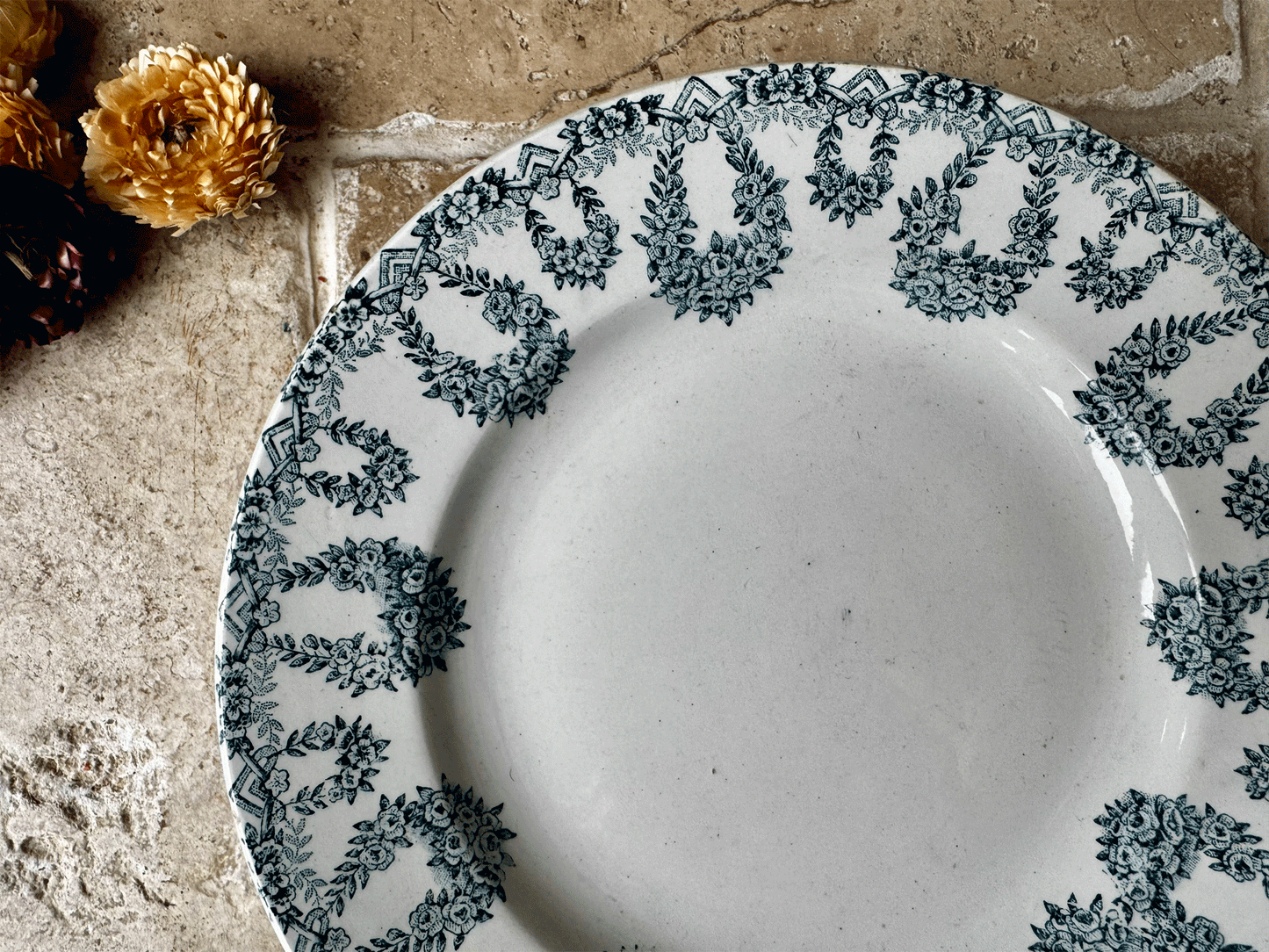 antique french terre de fer ironstone side plate lebacq bouchart green floral transferware garland border