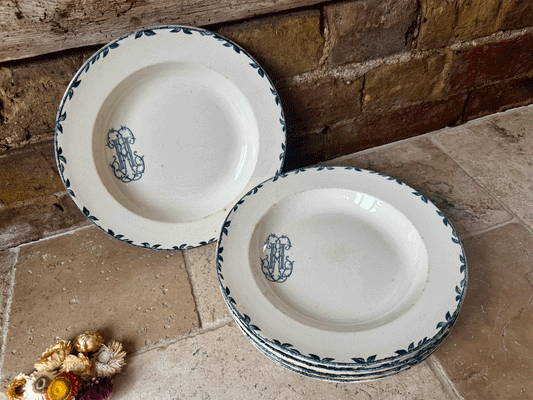 antique chippy buttery terre de fer large ironstone soup bowl dark blue transferware monogram