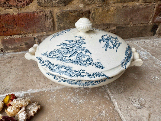 antique french buttery teal blue transferware soupiere songbirds music sheets florals pattern
