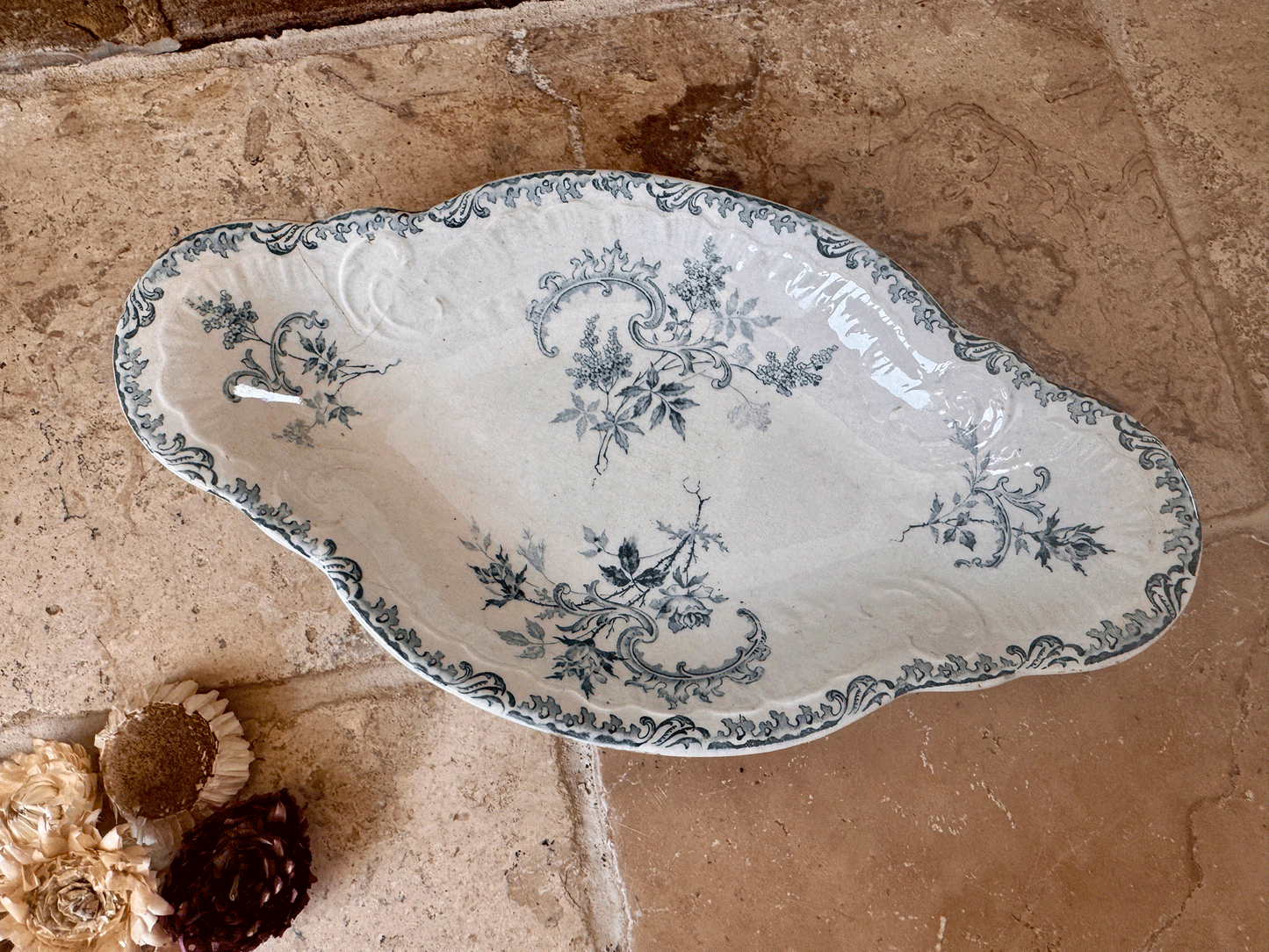 antique french teal green blue transferware ironstone terre de fer ravier dish boulenger