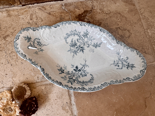 antique french teal green blue transferware ironstone terre de fer ravier dish boulenger