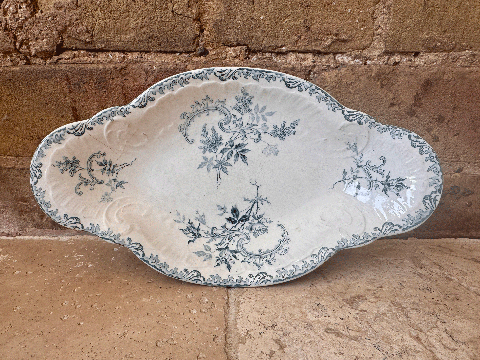 antique french teal green blue transferware ironstone terre de fer ravier dish boulenger
