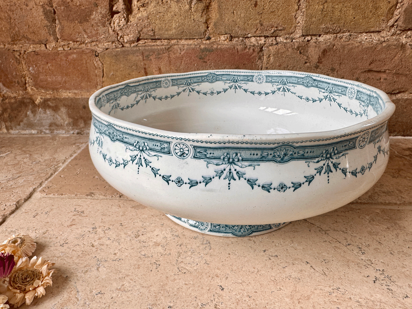 antique french large white ironstone terre de fer saladier serving bowl teal green transferware provence moulin loups hamage