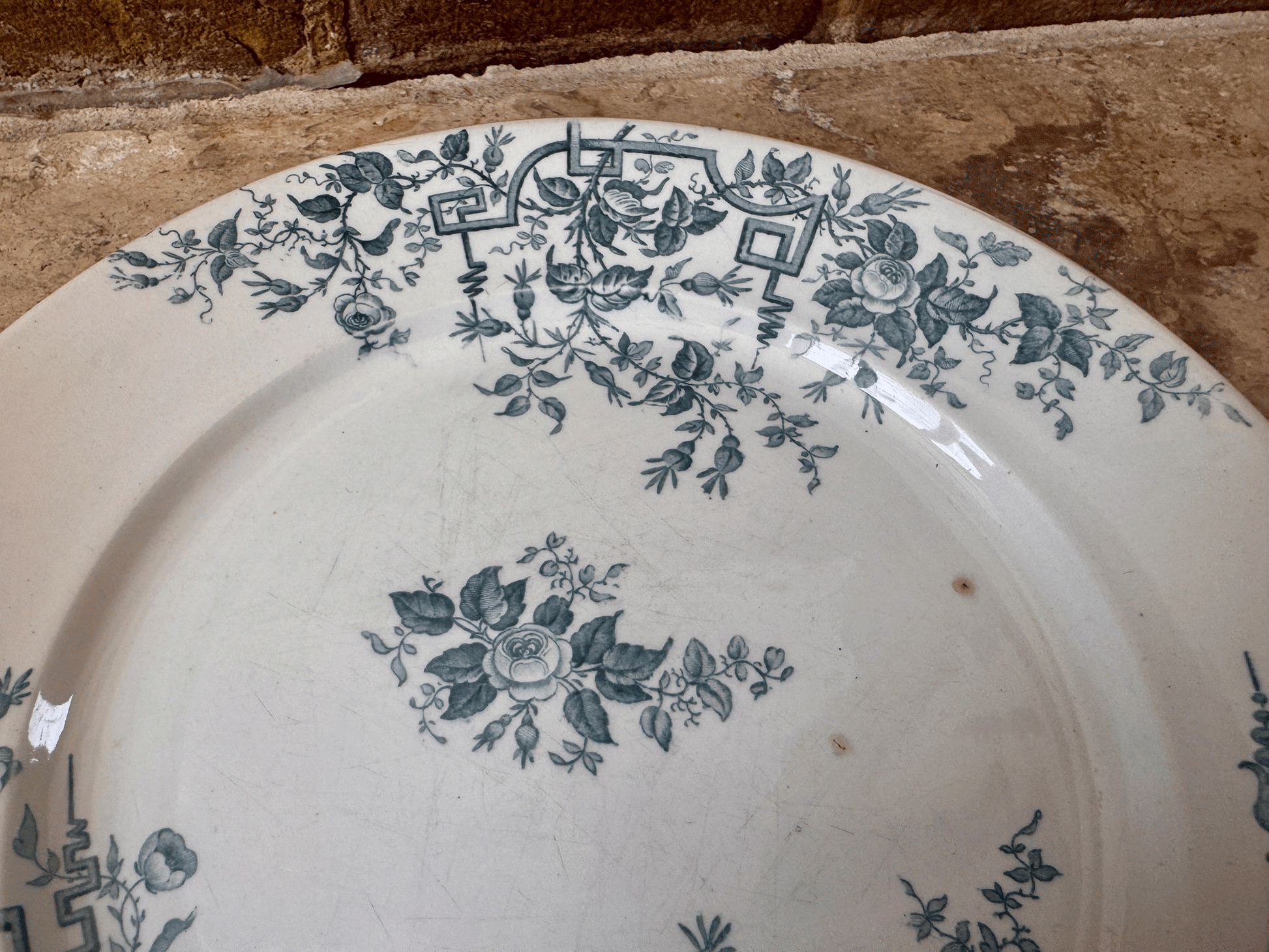 antique french teal transferware plate ironstone terre de fer badonviller roses