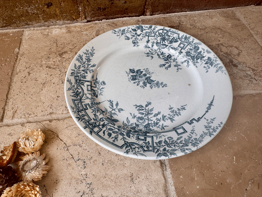 antique french teal transferware plate ironstone terre de fer badonviller roses