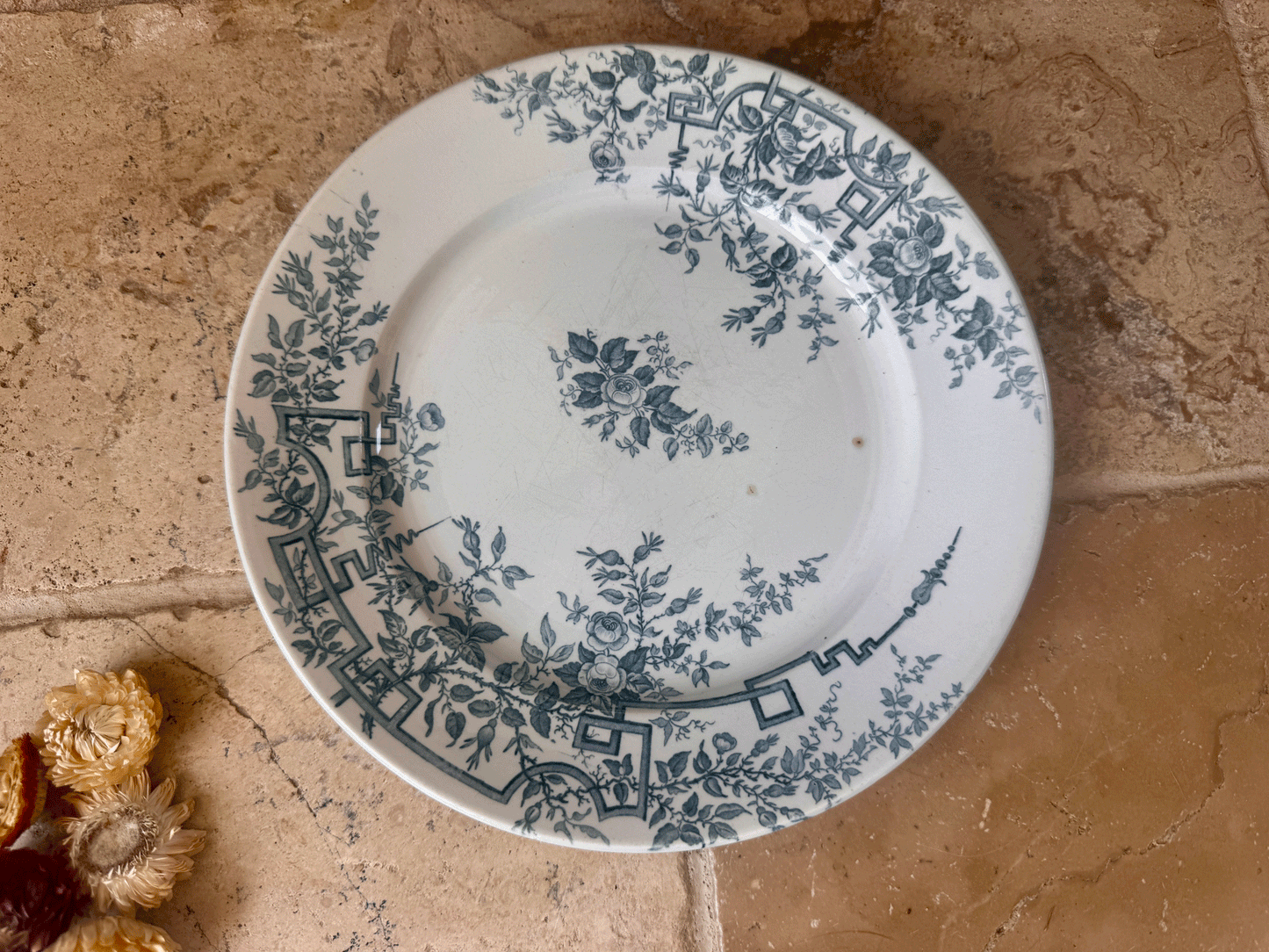 antique french teal transferware plate ironstone terre de fer badonviller roses