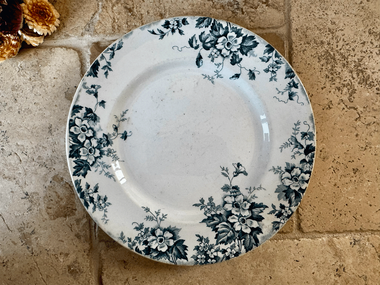 antique french st amand hamage ironstone terre de fer teal transferware plate floral marie louise pattern