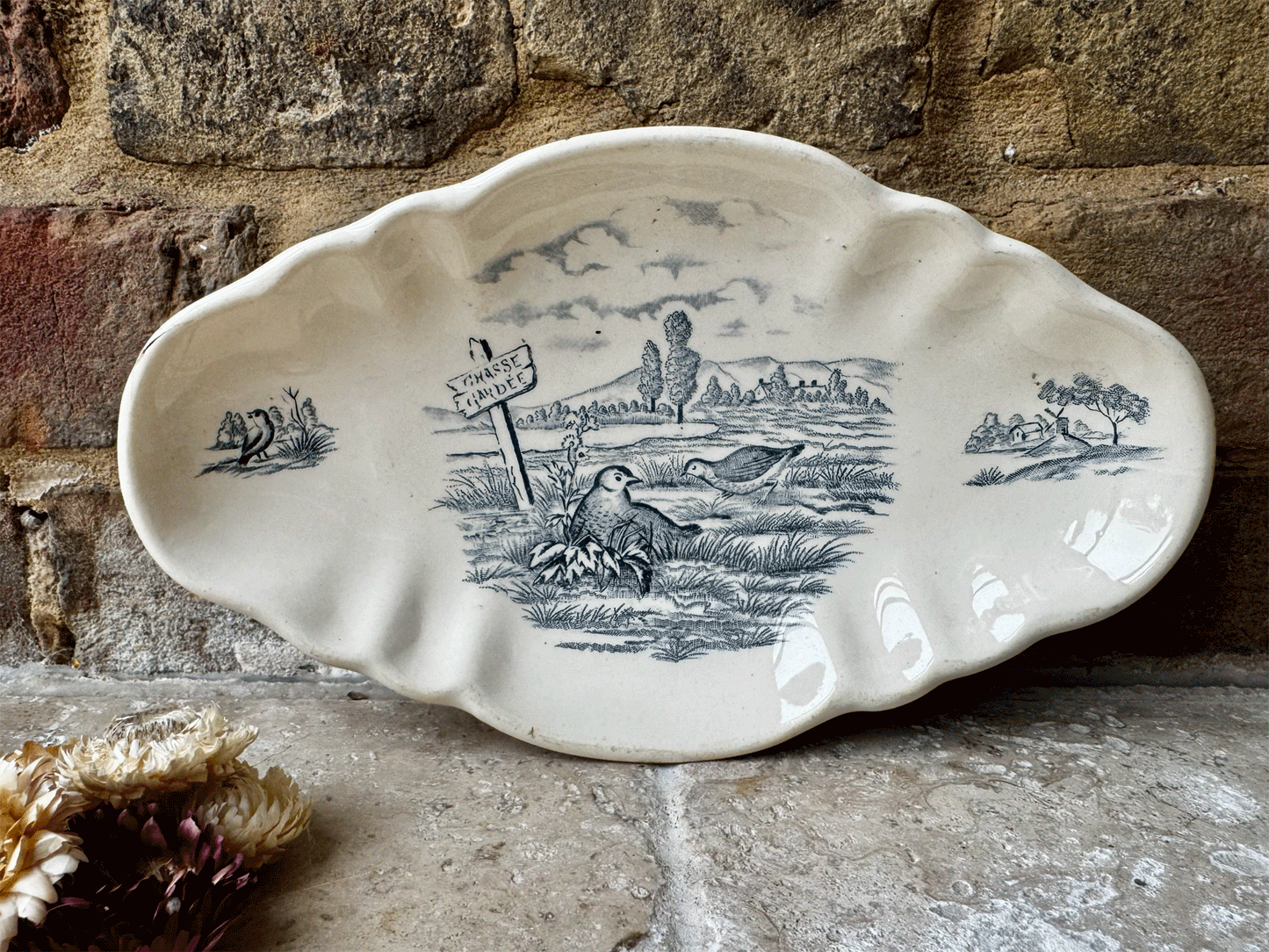 antique french terre de fer longchamp ironstone ravier plate country scene quails bits