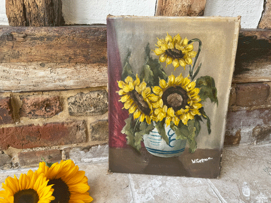 antique french signed still life floral oil canvas sunflowers vase