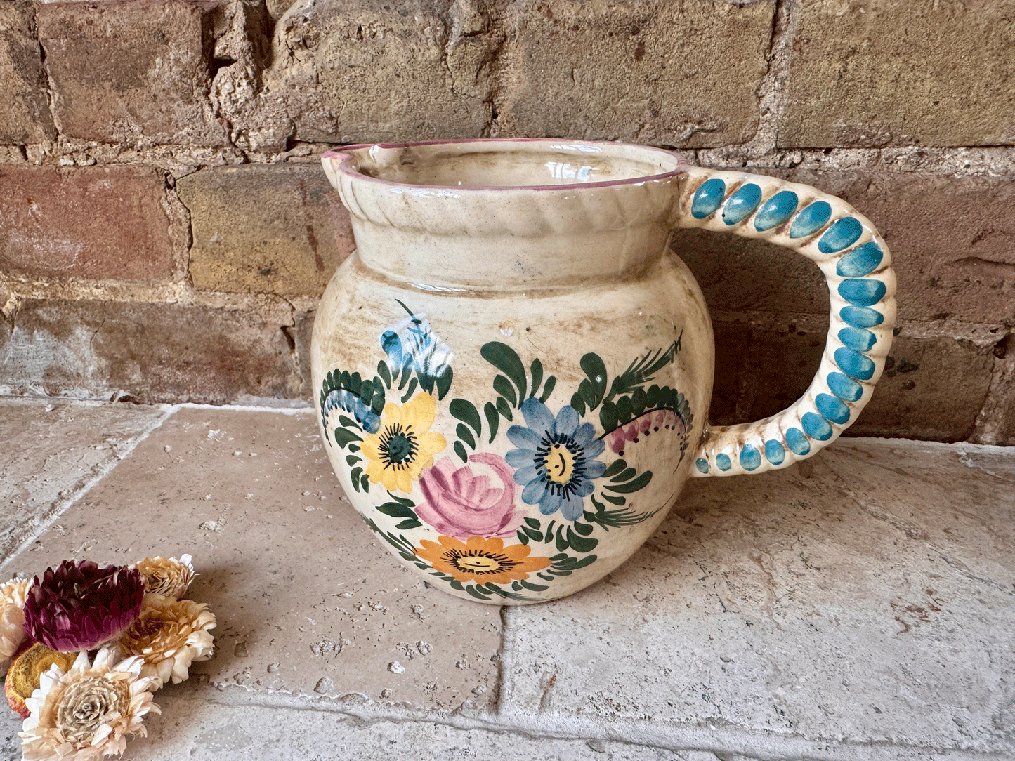 vintage french large hand painted stoneware vase jug pitcher floral decoration flowers