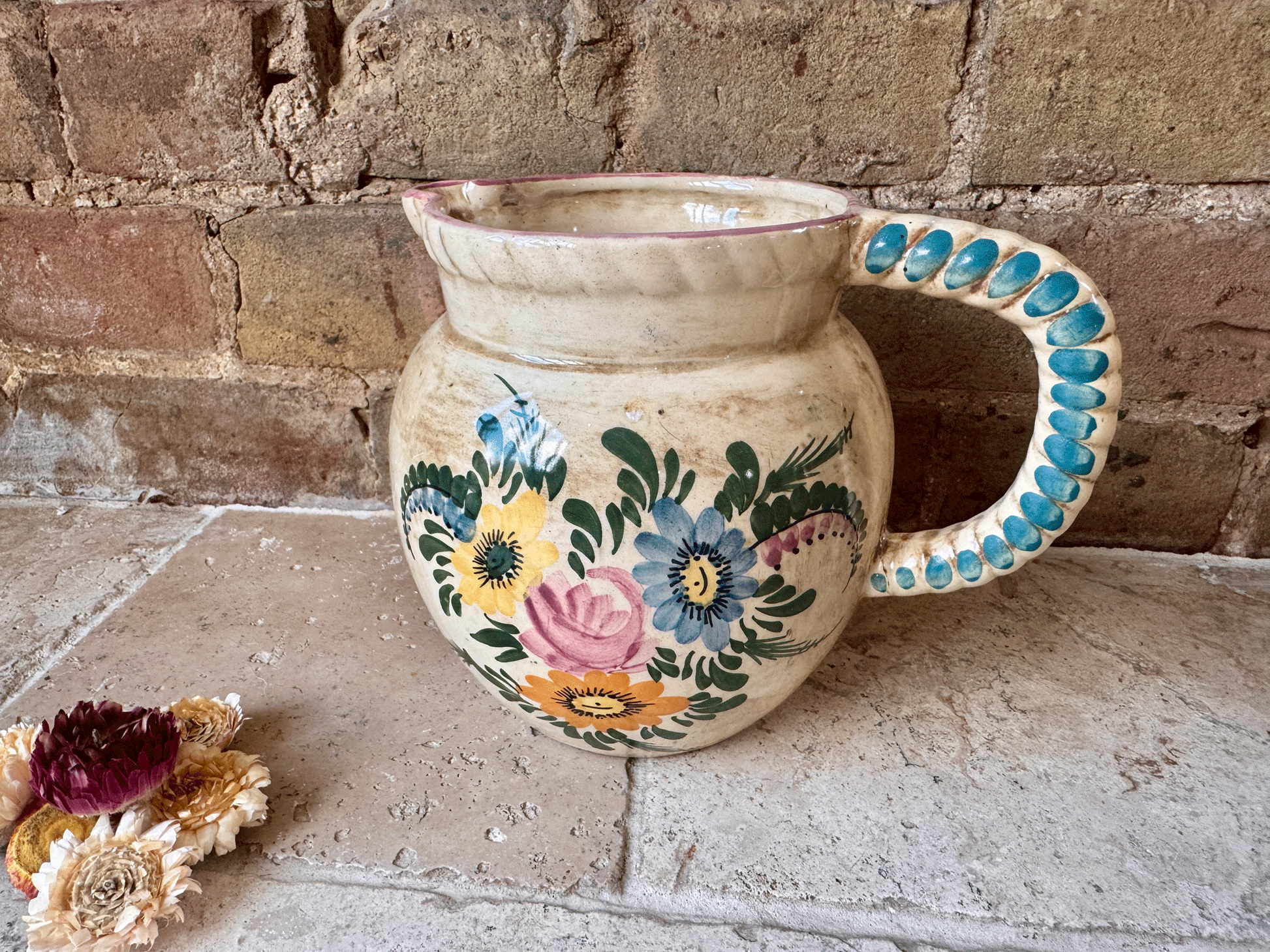vintage french large hand painted stoneware vase jug pitcher floral decoration flowers