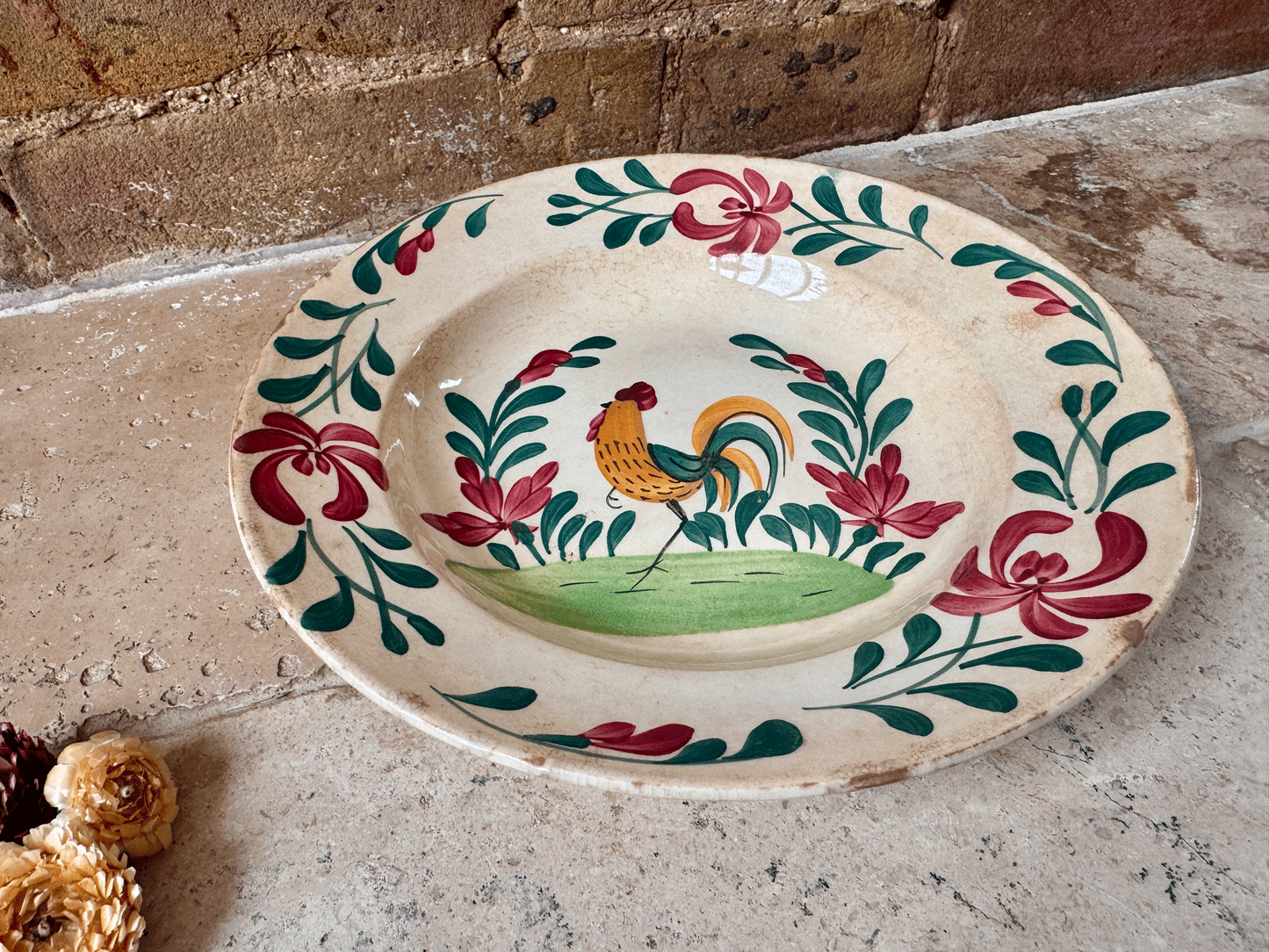 antique french terre de fer ironstone hand painted cockerel soup bowl folk art