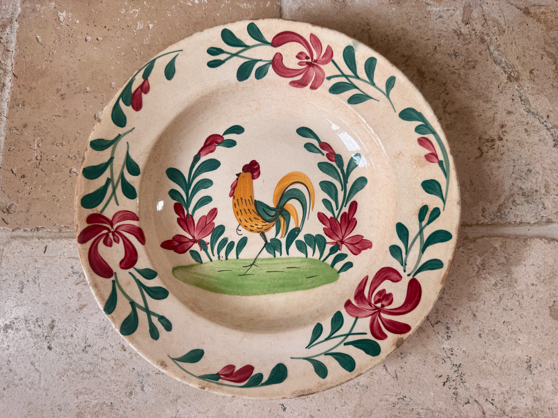 antique french terre de fer ironstone hand painted cockerel soup bowl folk art
