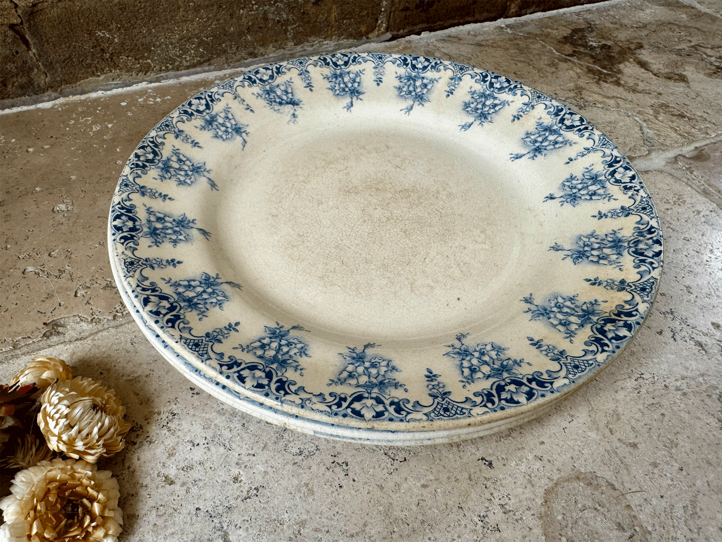 antique french terre de fer ironstone blue transferware plate assiette primavere primrose garland pattern