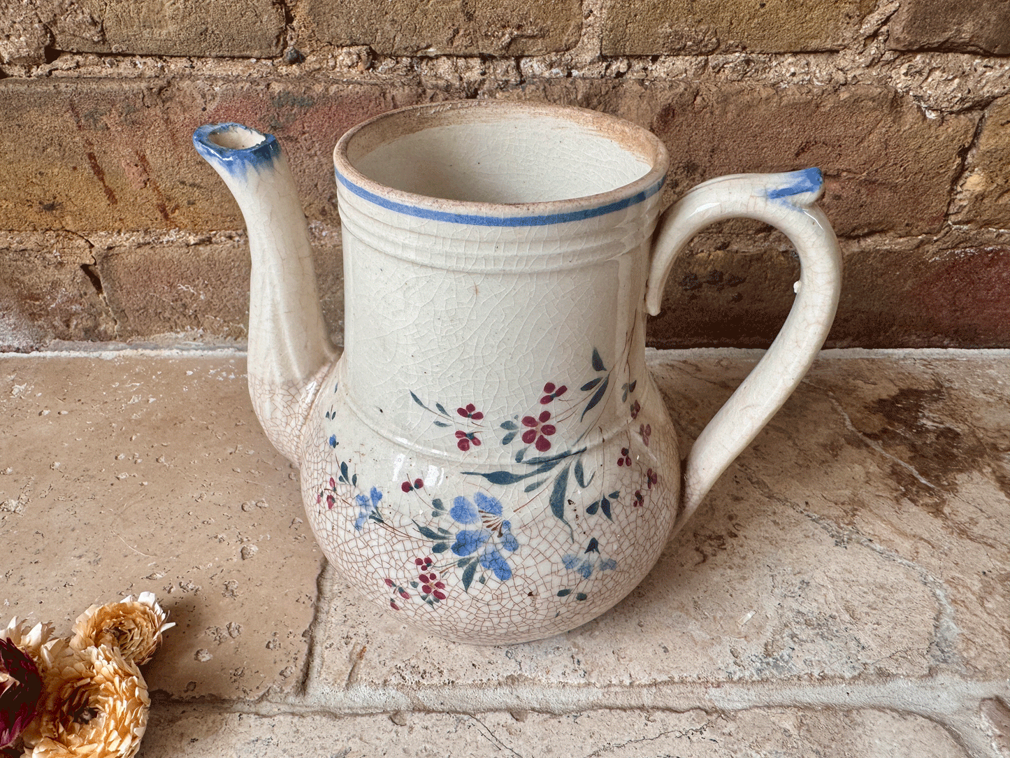 antique french hand painted earthenware vintage rustic teapot floral decoration vintage vase