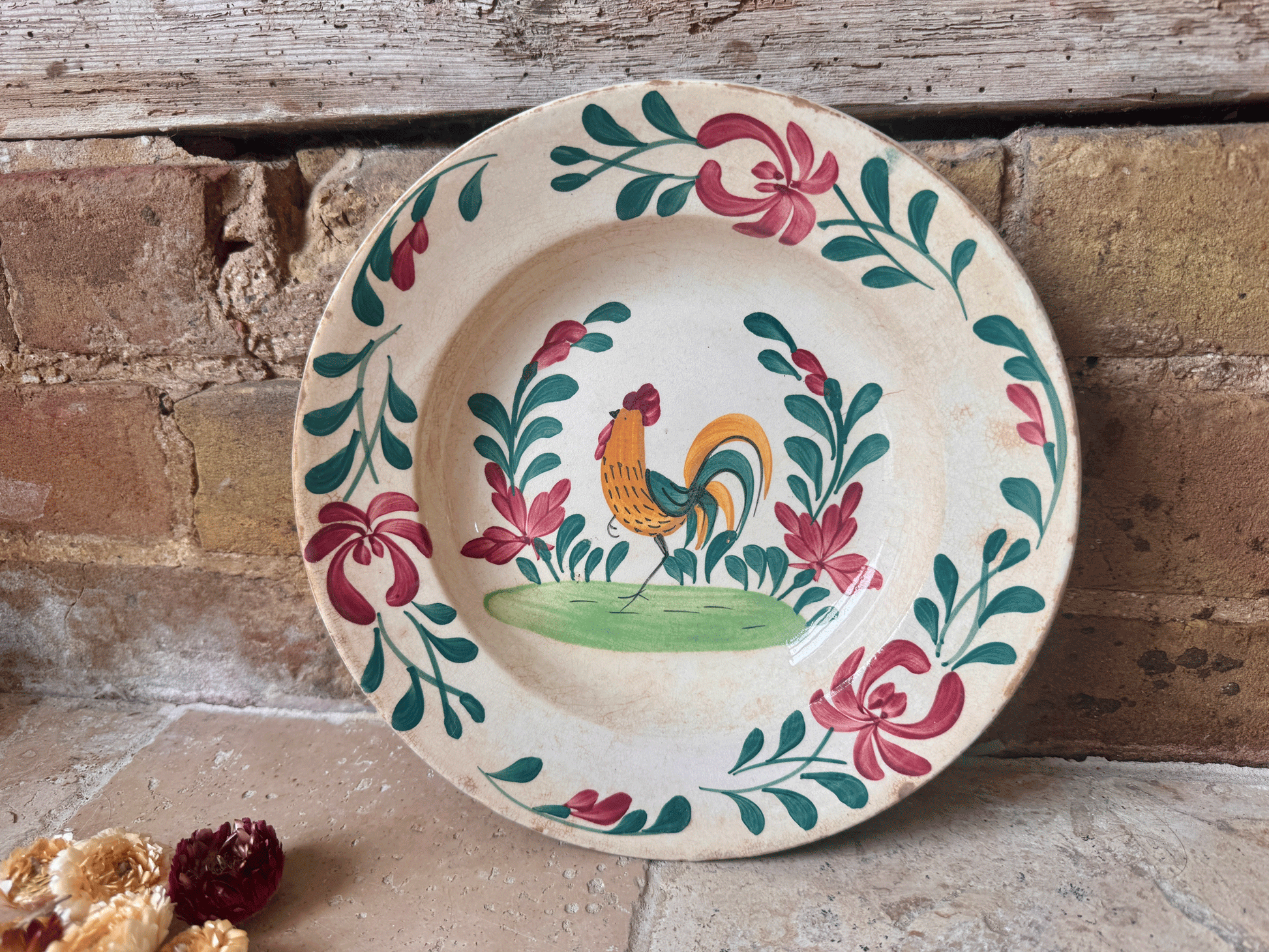 antique french terre de fer ironstone hand painted cockerel soup bowl folk art